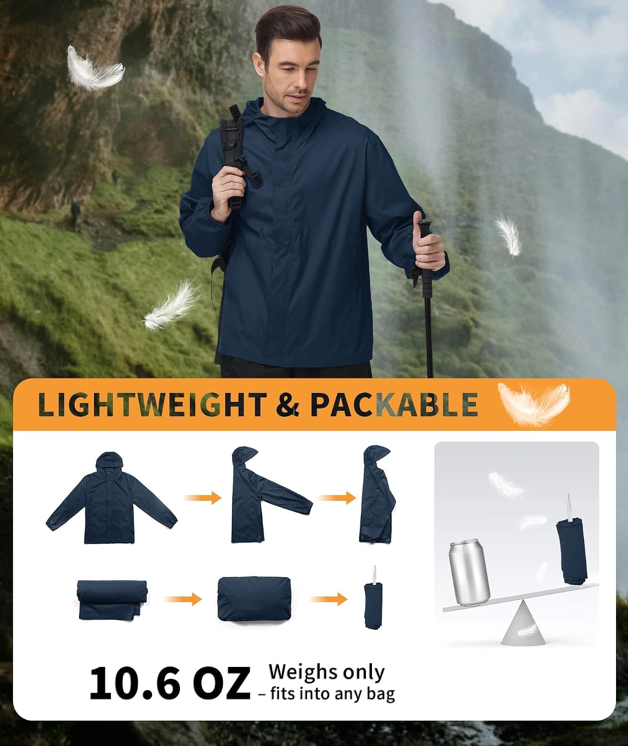 image:imageZITY Mens Waterproof Rain Jacket hood Lightweight Packable Rain Coats for Men Nylon Windbreaker Work Golf Hiking CyclingNavy