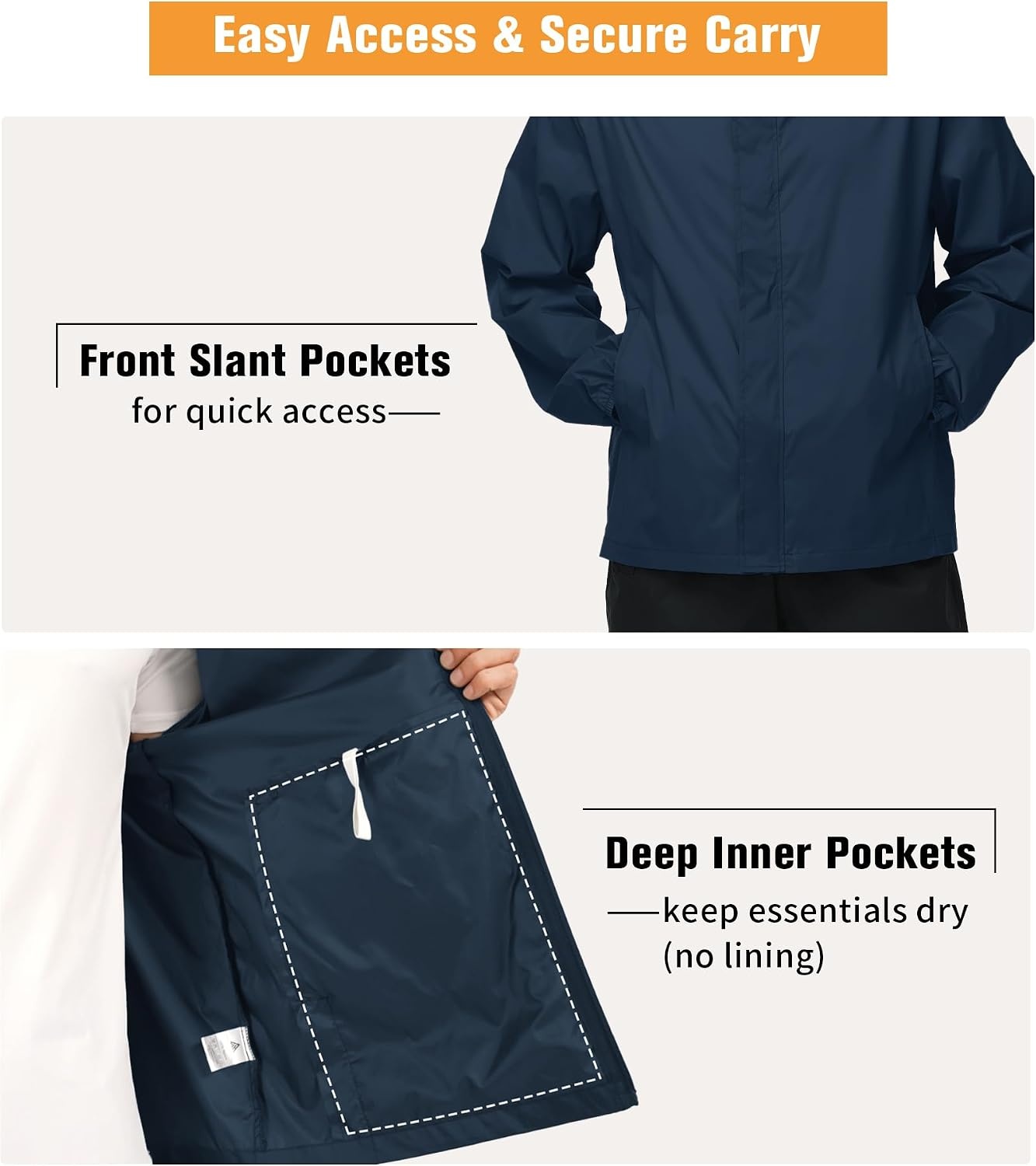 image:imageZITY Mens Waterproof Rain Jacket hood Lightweight Packable Rain Coats for Men Nylon Windbreaker Work Golf Hiking CyclingNavy