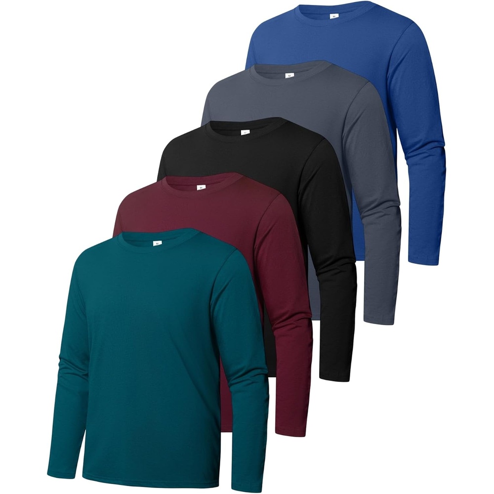 image:imageZITY 5 Pack Cotton Long Sleeve TShirt Crew Neck Basic Tee Soft Casual Breathable Shirts TopsDark Teal Bluewine Redblackgreyroyal Blue