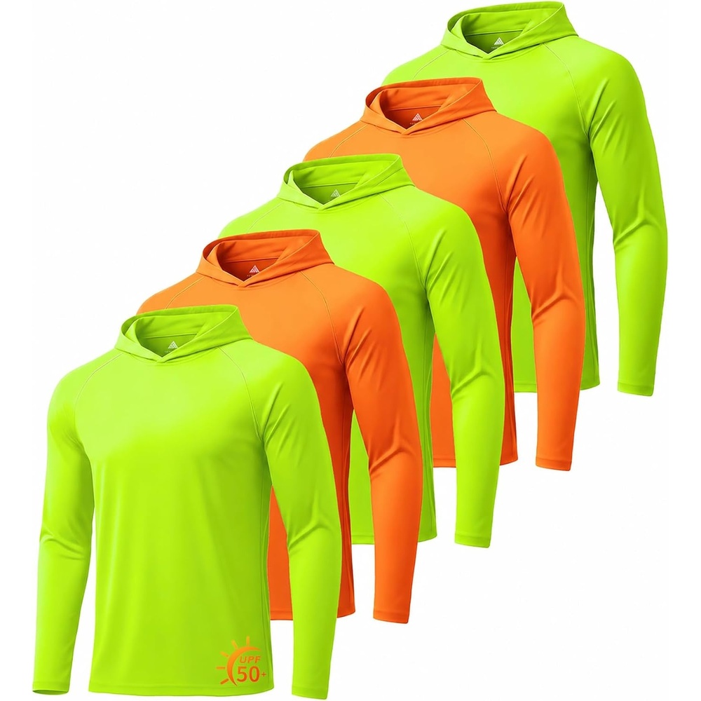 image:imageZITY 5 Pack Mens UPF 50 Hoodie Shirts Sun Protection Athletic Fast Dry Lightweight Rashguard for Fishing Hiking WorkoutNeon GreenNeon GreenNeon GreenOrangeOrange
