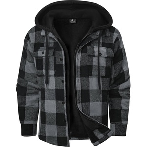 ZITY Mens Sherpa Flannel Shirt Jacket Plaid Fleece Lined Hooded Sweatshirt | Zip Front with Button Placket,Winter Warm Coat,4 Pockets,Heavyweight Thick,Party,Work,Camping,Hiking,Daily Wear,Shopping(Grey)
