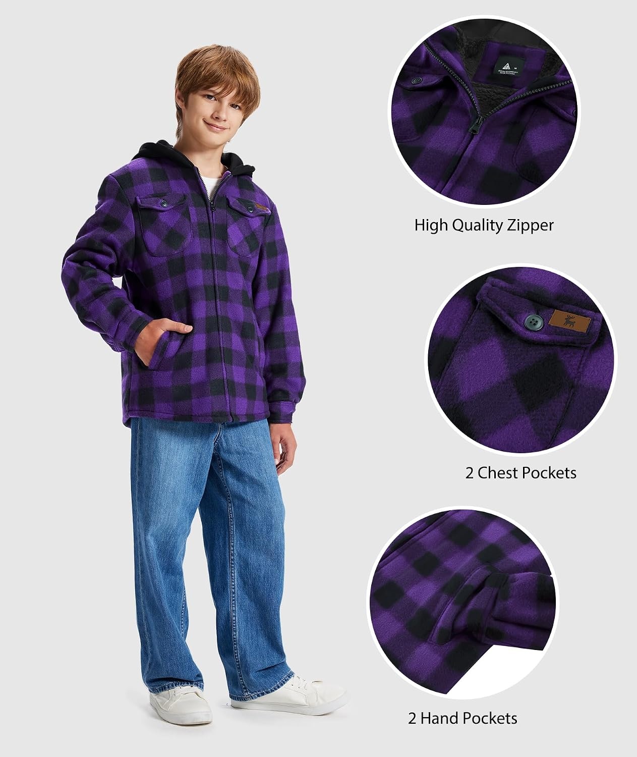 image:imageZITY Boys Flannel Jacket Fleece Sherpa Lined Plaid Hoodies Unisex Kids Coat Full Zip 4 Pockets Winter Warm Outwear Sweatshirt Machine Wash Outdoor School Daily Ski Hiking Camping 615 YearsPurple