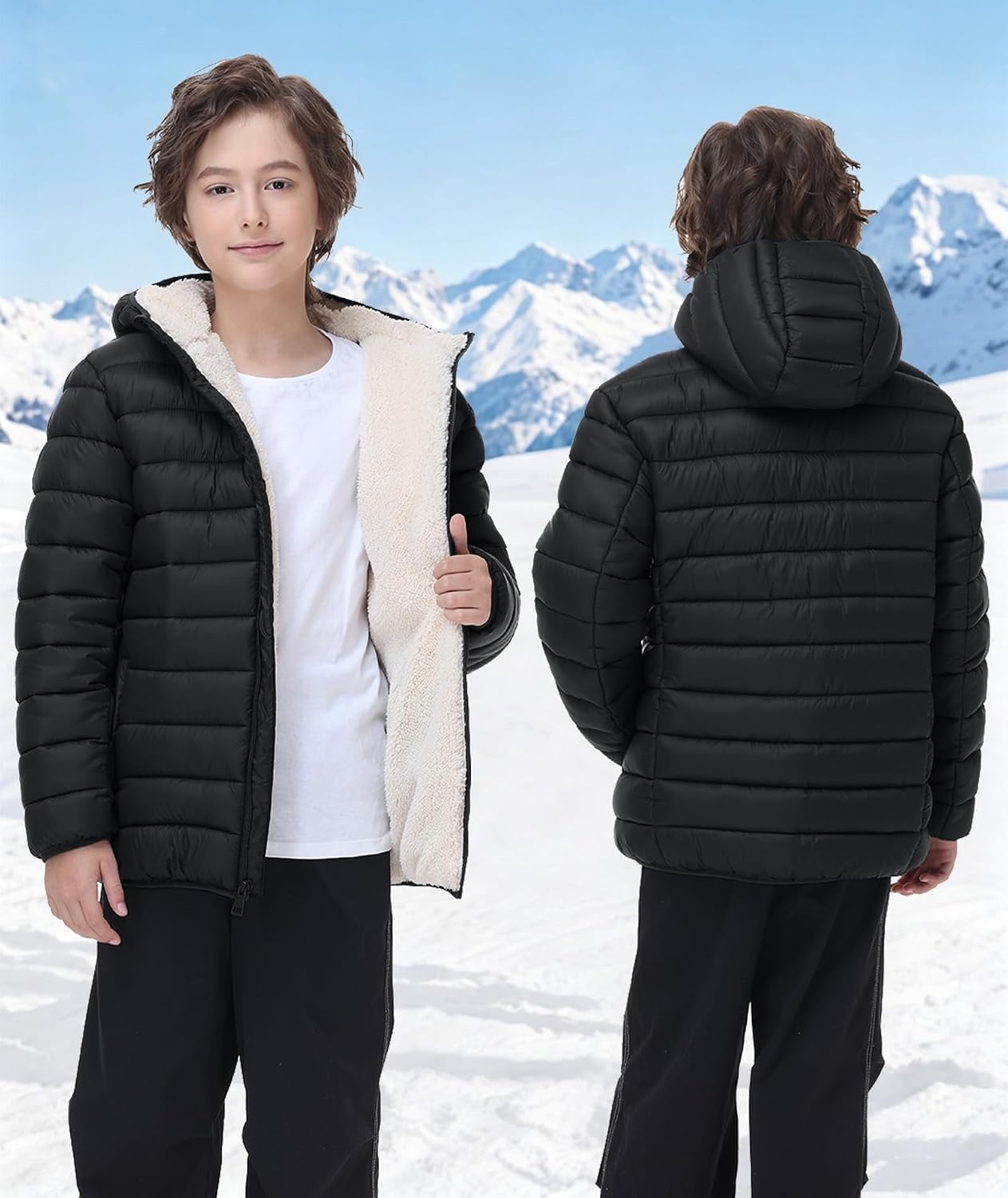 image:imageZITY Boys Winter Coat Sherpa Fleece Lined Puffer Jacket Wind Water Resistant Hoodie Warm Outerwear for KidsBlack