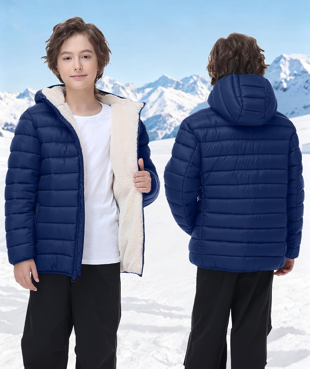 image:imageZITY Boys Winter Coat Sherpa Fleece Lined Puffer Jacket Wind Water Resistant Hoodie Warm Outerwear for KidsNavy