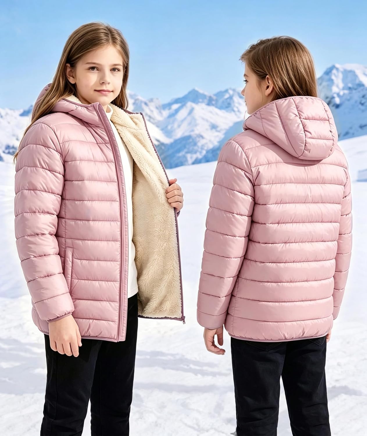image:imageZITY Boys Winter Coat Sherpa Fleece Lined Puffer Jacket Wind Water Resistant Hoodie Warm Outerwear for KidsPink