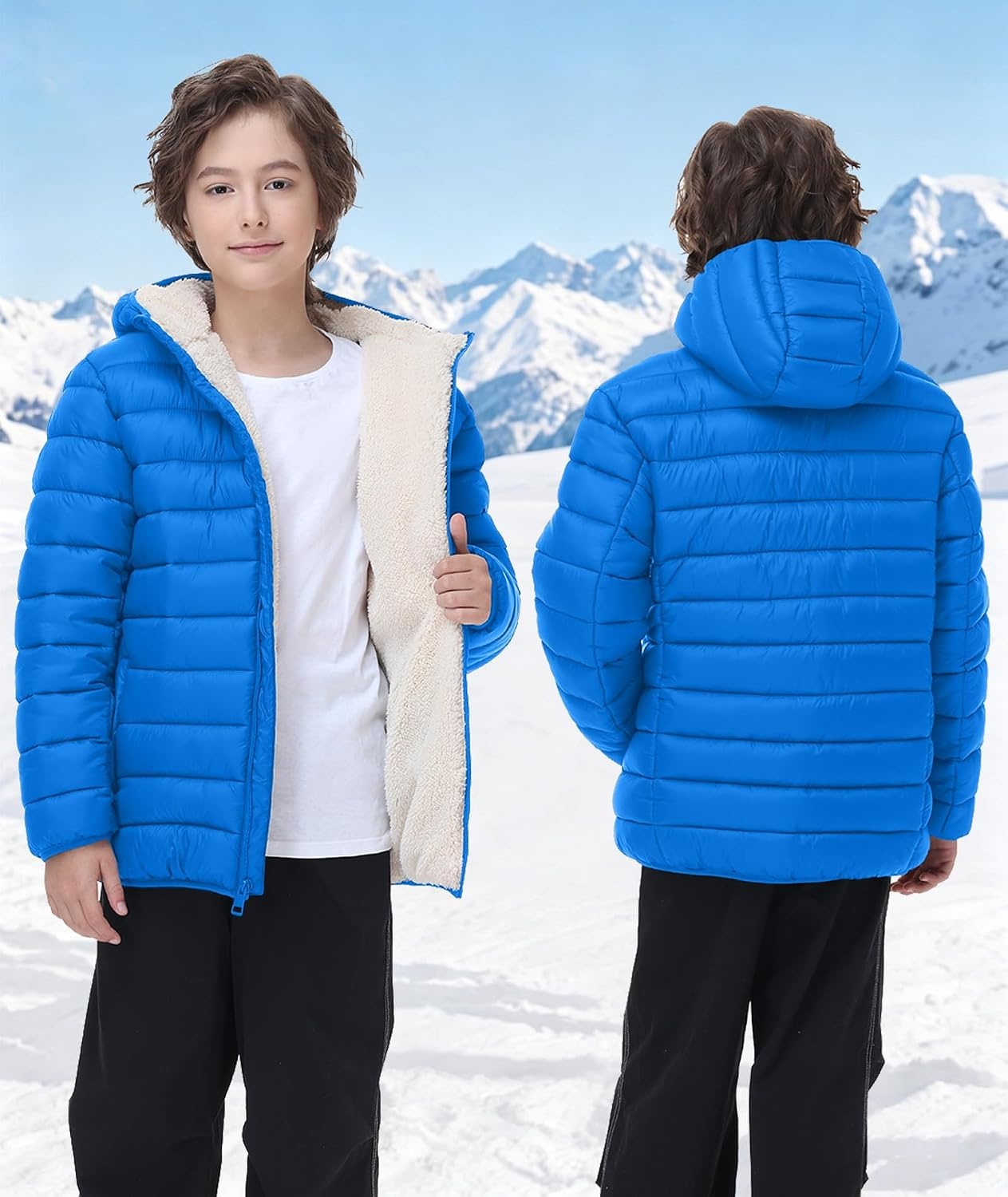 image:imageZITY Boys Winter Coat Sherpa Fleece Lined Puffer Jacket Wind Water Resistant Hoodie Warm Outerwear for KidsRoyal Blue