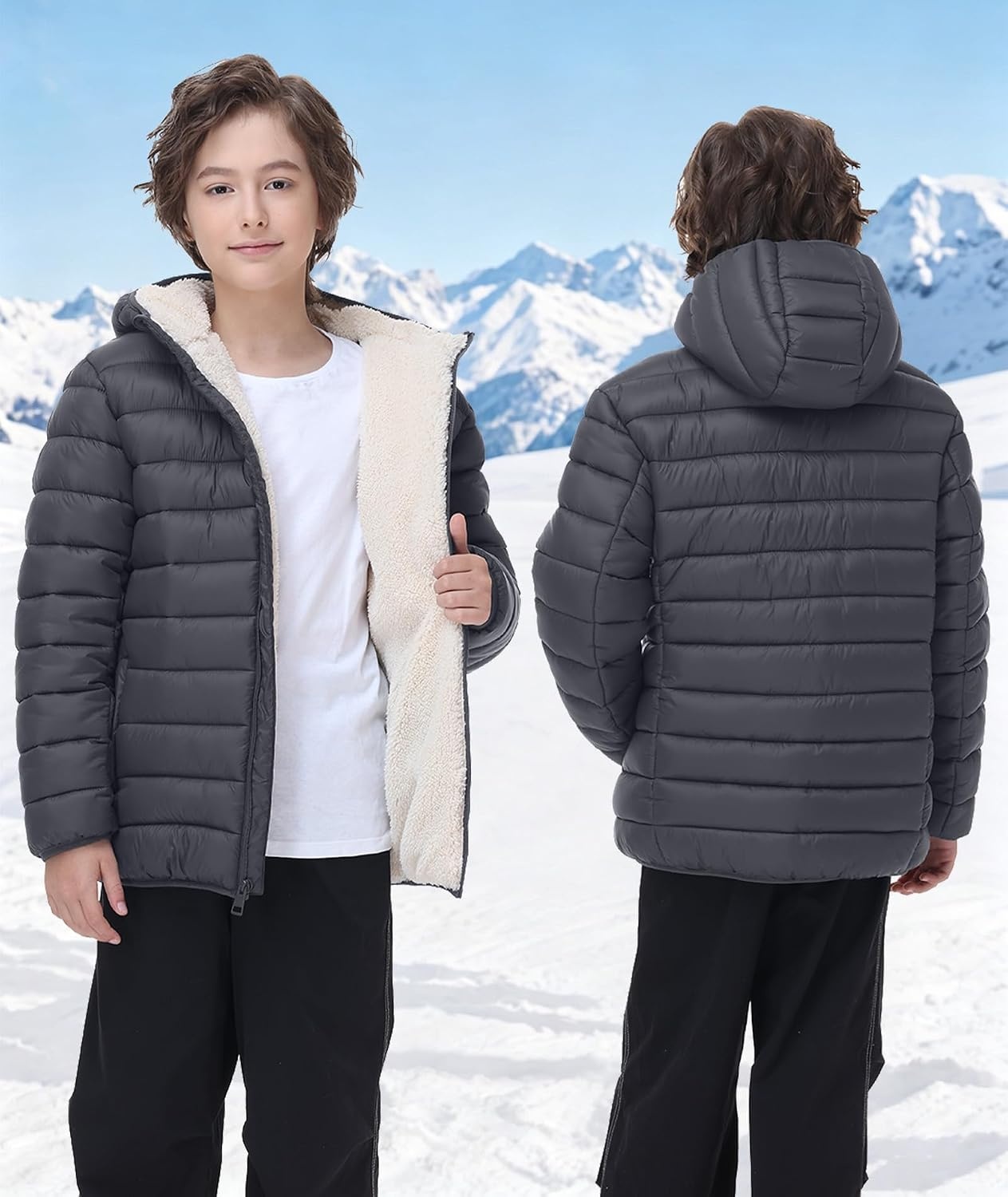 image:imageZITY Boys Winter Coat Sherpa Fleece Lined Puffer Jacket Wind Water Resistant Hoodie Warm Outerwear for KidsSmoked Pearl