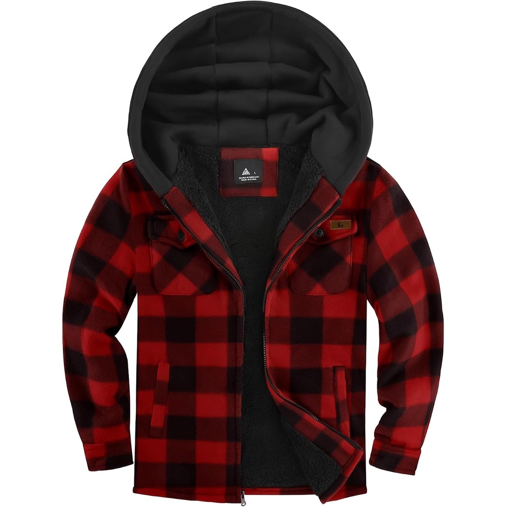 image:imageZITY Boys Flannel Jacket Fleece Sherpa Lined Plaid Hoodies Unisex Kids Coat Full Zip 4 Pockets Winter Warm Outwear Sweatshirt Machine Wash Outdoor School Daily Ski Hiking Camping 615 YearsRed Black