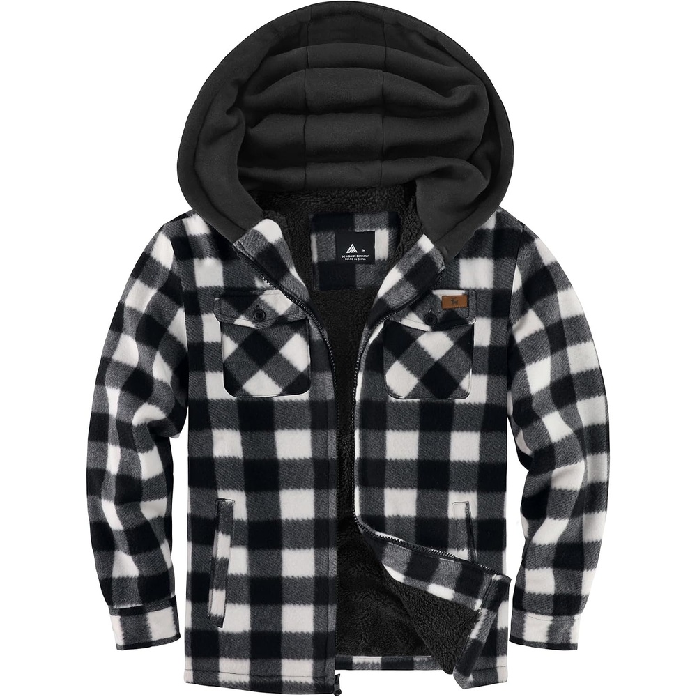 image:imageZITY Boys Flannel Jacket Fleece Sherpa Lined Plaid Hoodies Unisex Kids Coat  Full Zip 4 Pockets Winter Warm Outwear Sweatshirt Machine Wash Outdoor School Daily Ski Hiking Camping 615 YearsWhite Black