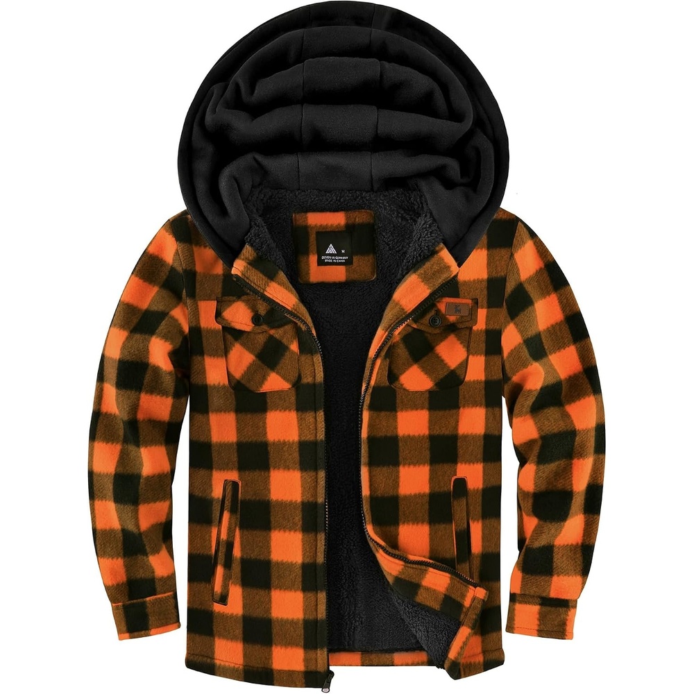 image:imageZITY Boys Flannel Jacket Fleece Sherpa Lined Plaid Hoodies Unisex Kids Coat Full Zip 4 Pockets Winter Warm Outwear Sweatshirt Machine Wash Outdoor School Daily Ski Hiking Camping 615 YearsOrange Black