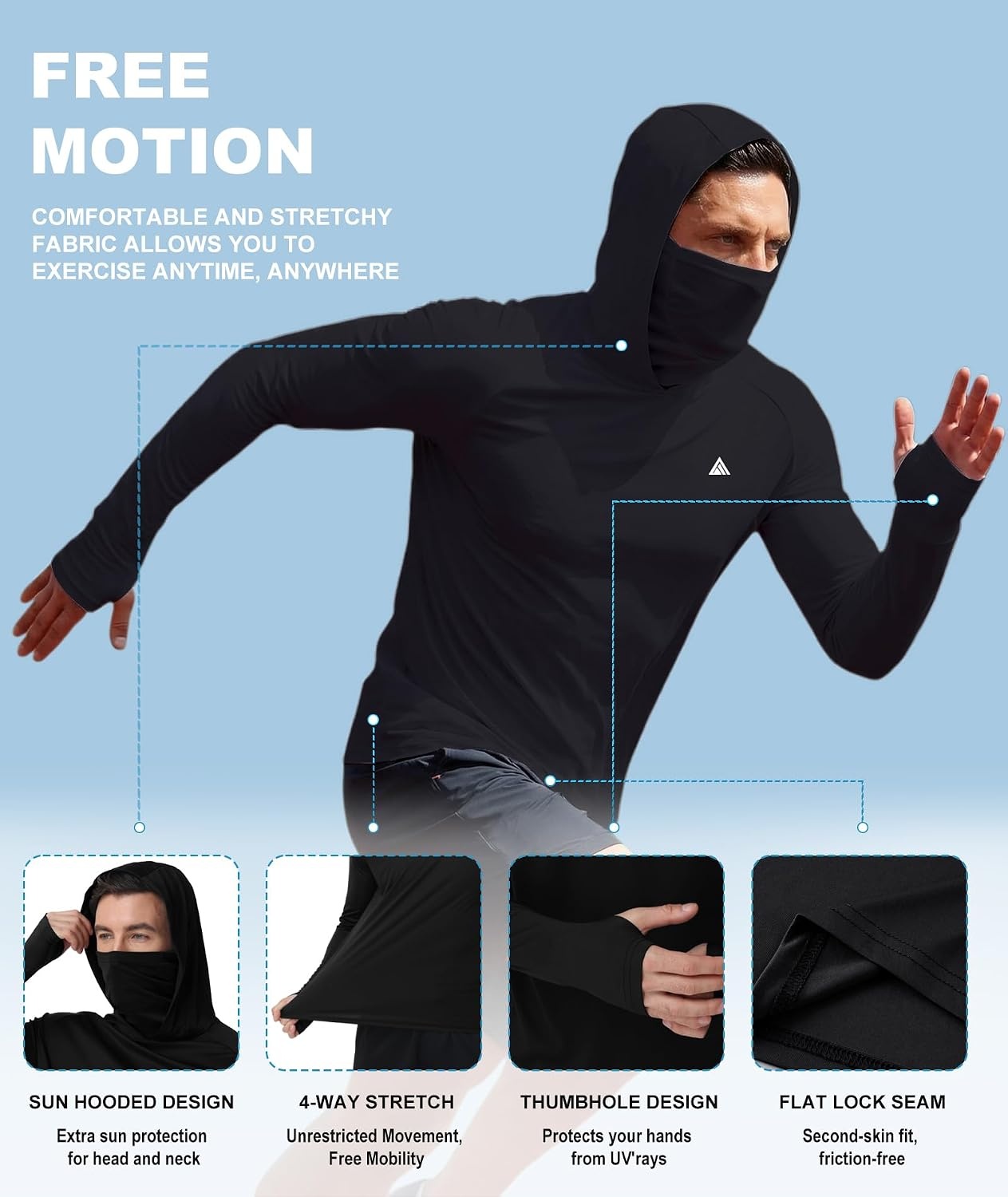 image:imageZITY Hooded Shirts for Men with Face Mask SPF Sun Protection Rash Guard UPF 50 Fishing Shirts for Men Lightweight Quick Dry Moisture Wicking Workout Long Sleeve Shirts for Men with HoodBlack