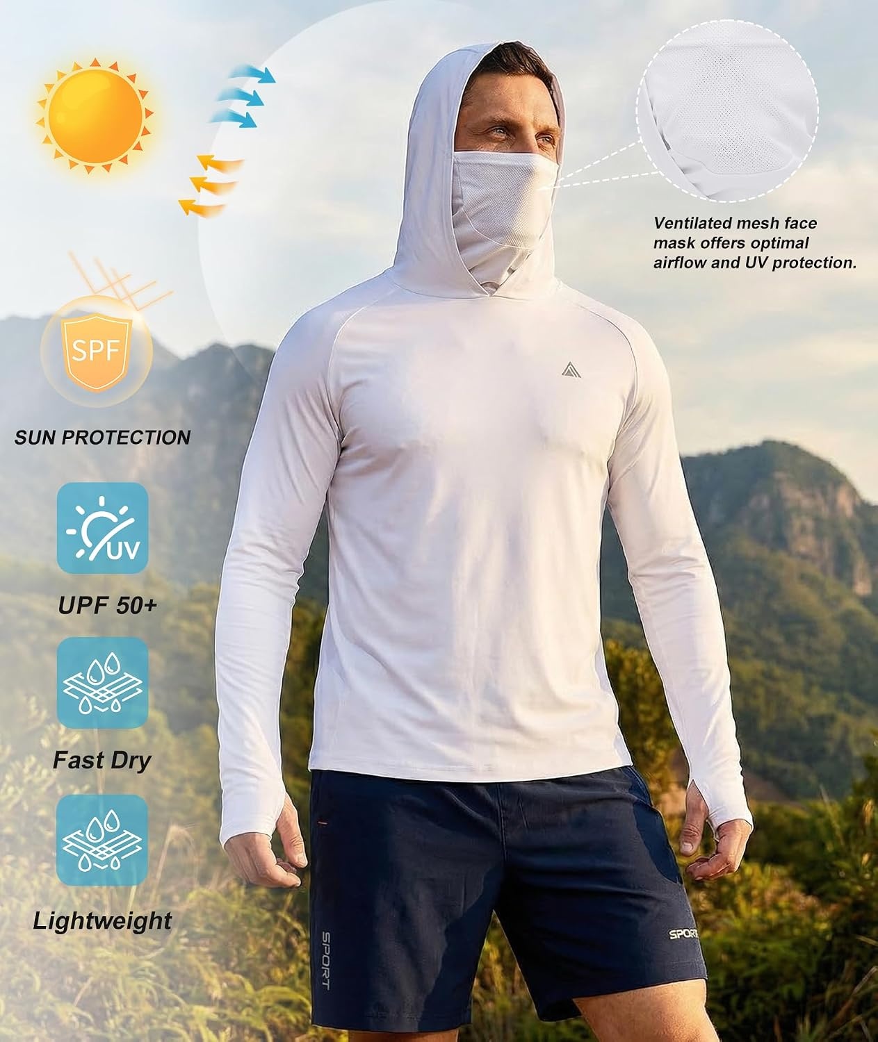image:imageZITY Hooded Shirts for Men with Face Mask SPF Sun Protection Rash Guard UPF 50 Fishing Shirts for Men Lightweight Quick Dry Moisture Wicking Workout Long Sleeve Shirts for Men with HoodWhite