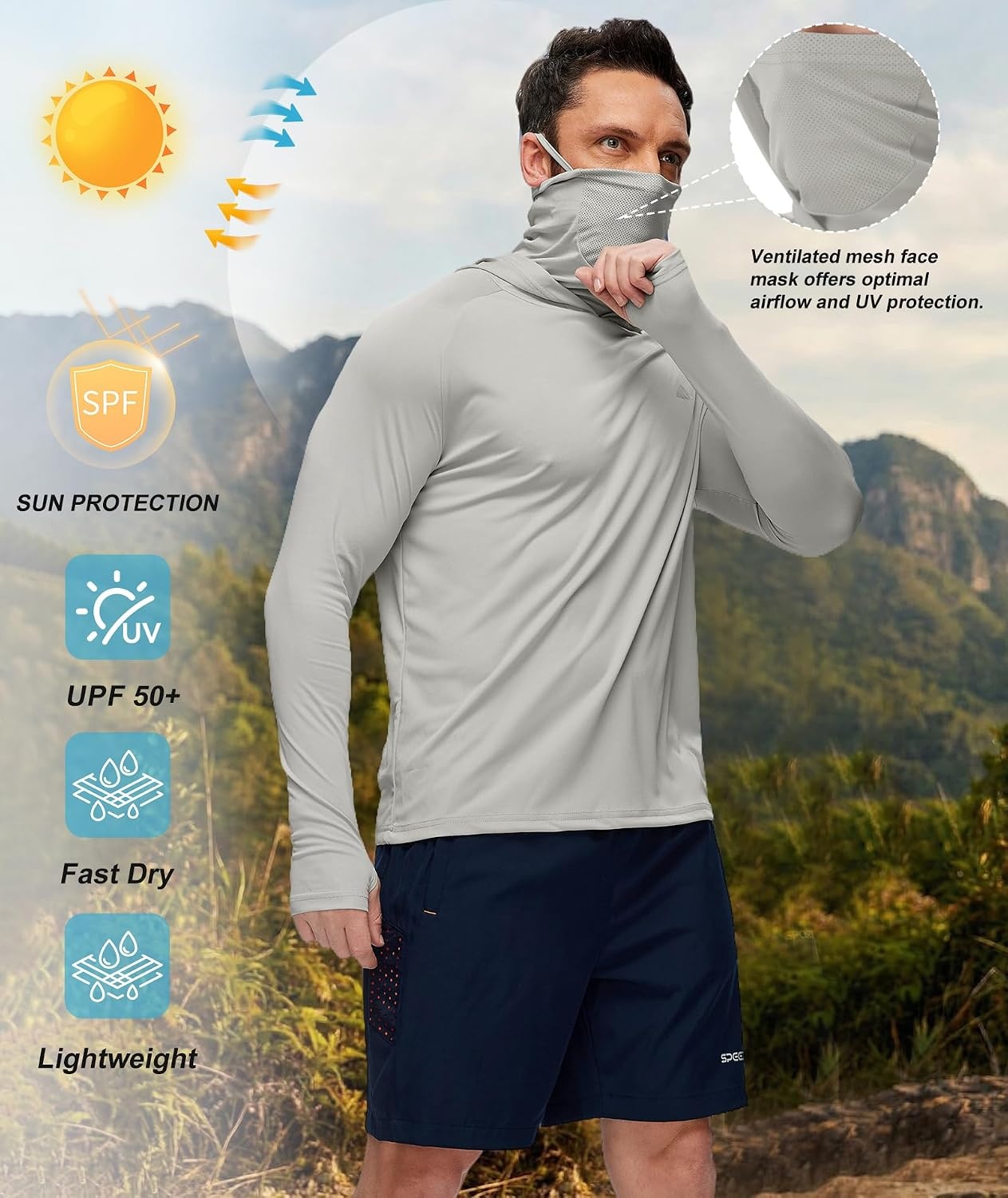 image:imageZITY Hooded Shirts for Men with Face Mask SPF Sun Protection Rash Guard UPF 50 Fishing Shirts for Men Lightweight Quick Dry Moisture Wicking Workout Long Sleeve Shirts for Men with HoodGrey