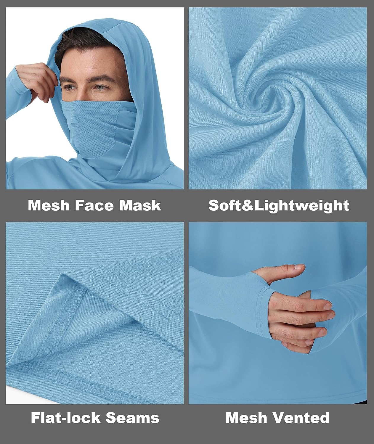 image:imageZITY Hooded Shirts for Men with Face Mask SPF Sun Protection Rash Guard UPF 50 Fishing Shirts for Men Lightweight Quick Dry Moisture Wicking Workout Long Sleeve Shirts for Men with HoodLight Blue