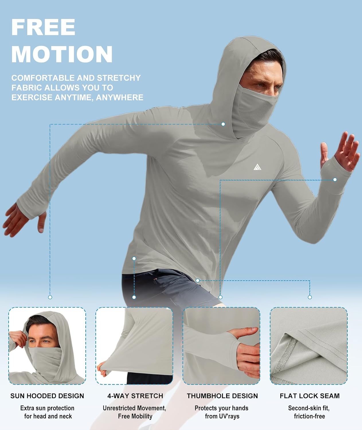 image:imageZITY Hooded Shirts for Men with Face Mask SPF Sun Protection Rash Guard UPF 50 Fishing Shirts for Men Lightweight Quick Dry Moisture Wicking Workout Long Sleeve Shirts for Men with HoodGrey