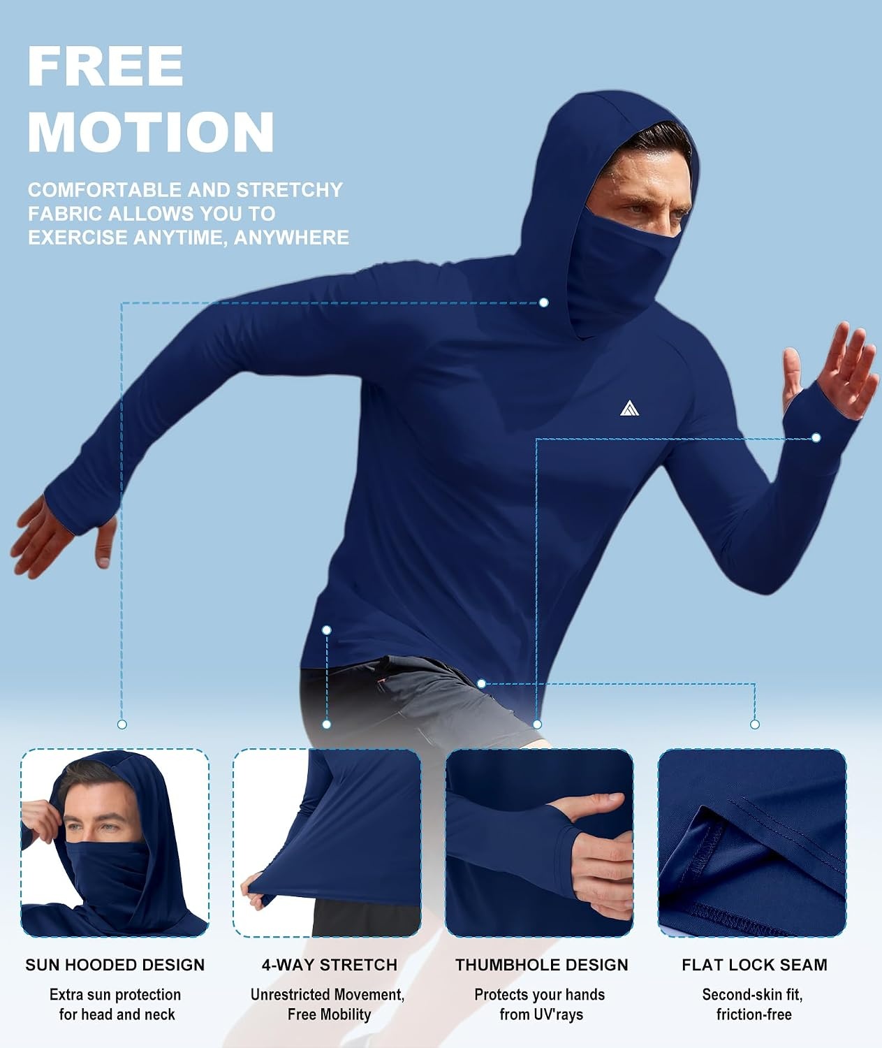 image:imageZITY Hooded Shirts for Men with Face Mask SPF Sun Protection Rash Guard UPF 50 Fishing Shirts for Men Lightweight Quick Dry Moisture Wicking Workout Long Sleeve Shirts for Men with HoodDark Blue