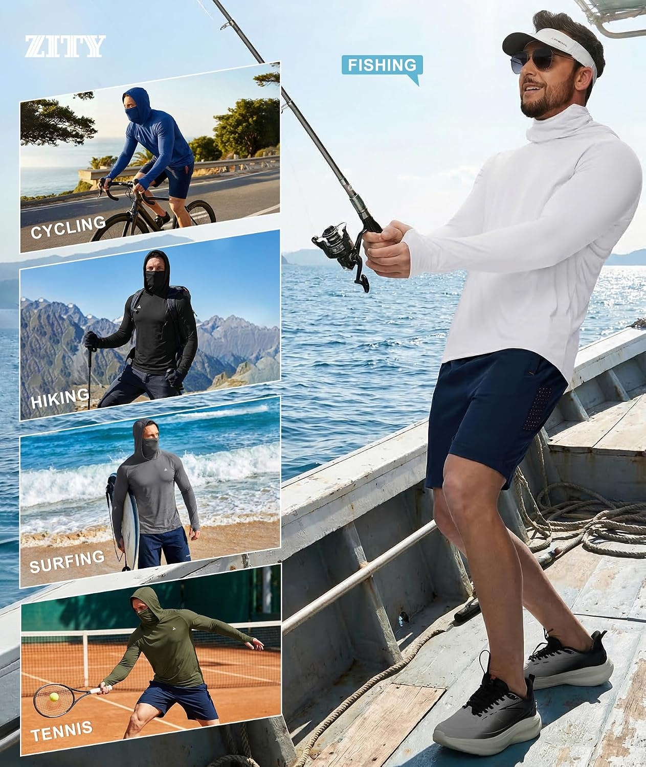 image:imageZITY Hooded Shirts for Men with Face Mask SPF Sun Protection Rash Guard UPF 50 Fishing Shirts for Men Lightweight Quick Dry Moisture Wicking Workout Long Sleeve Shirts for Men with HoodGrey