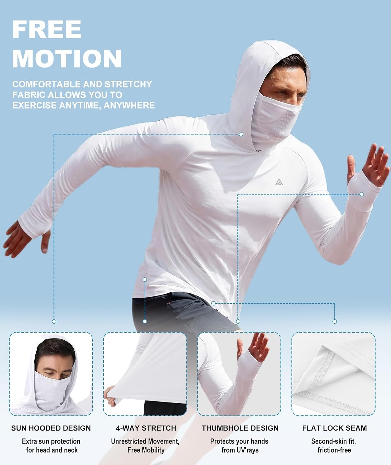 image:imageZITY Hooded Shirts for Men with Face Mask SPF Sun Protection Rash Guard UPF 50 Fishing Shirts for Men Lightweight Quick Dry Moisture Wicking Workout Long Sleeve Shirts for Men with HoodWhite