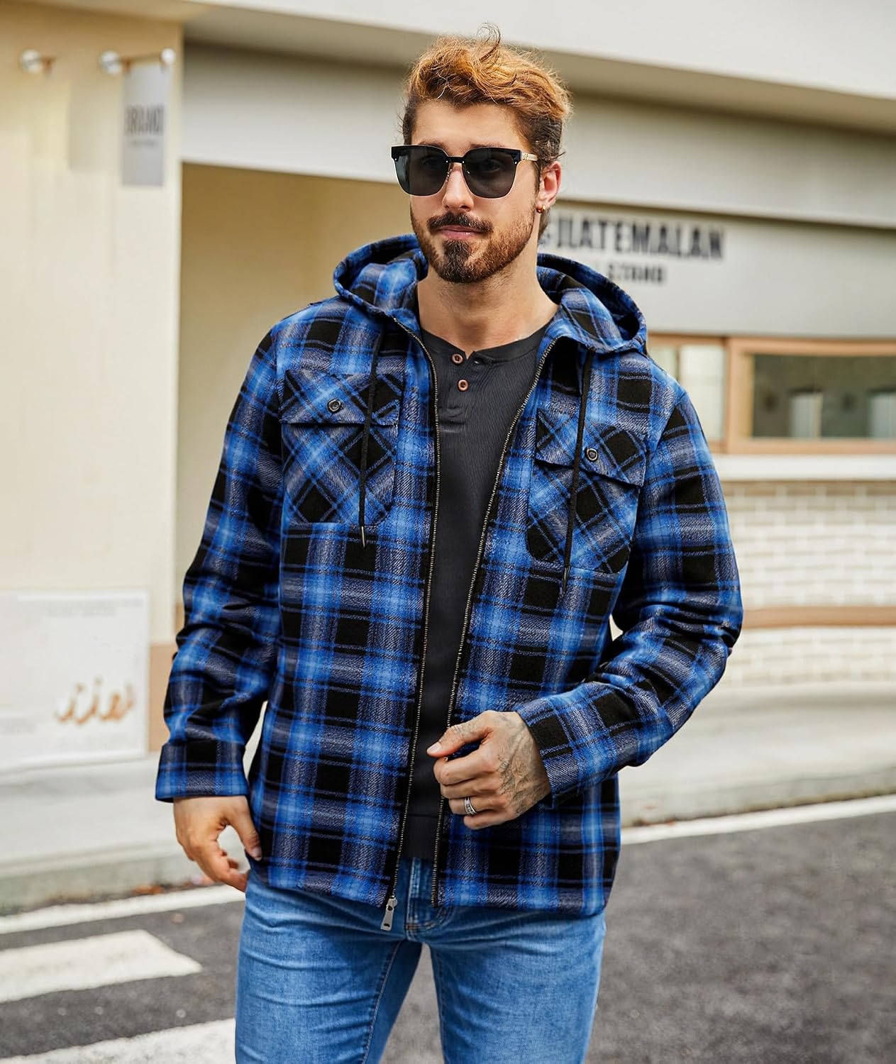 image:imageZITY Mens Flannel Jacket Zip Up Fleece Plaid Shirt Hoodie Winter Warm Coat Thick Sherpa Lined Long Sleeve Outwear Heavyweight Sweatshirt with Pocket Work School VacationsBlack Blue
