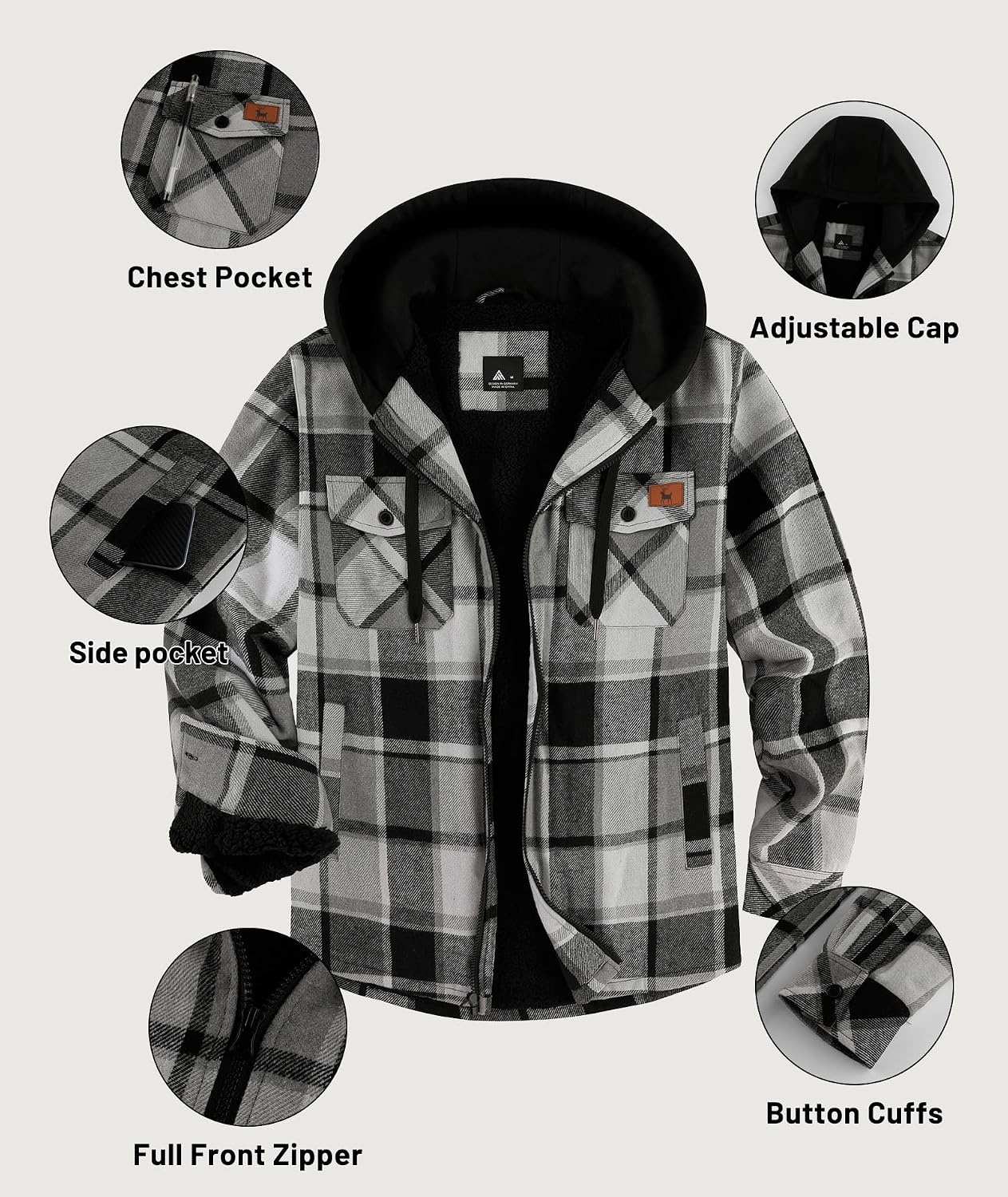 image:imageZITY Mens Flannel Jacket Zip Up Fleece Plaid Shirt Hoodie Winter Warm Coat Thick Sherpa Lined Long Sleeve Outwear Heavyweight Sweatshirt with Pocket Work School VacationsBlack Grey