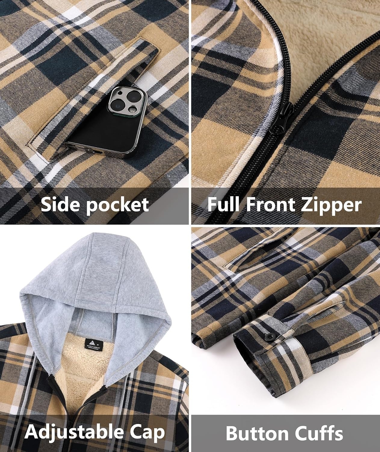 image:imageZITY Mens Flannel Jacket Zip Up Fleece Plaid Shirt Hoodie Winter Warm Coat Thick Sherpa Lined Long Sleeve Outwear Heavyweight Sweatshirt with Pocket Work School VacationsDark Blue Beige