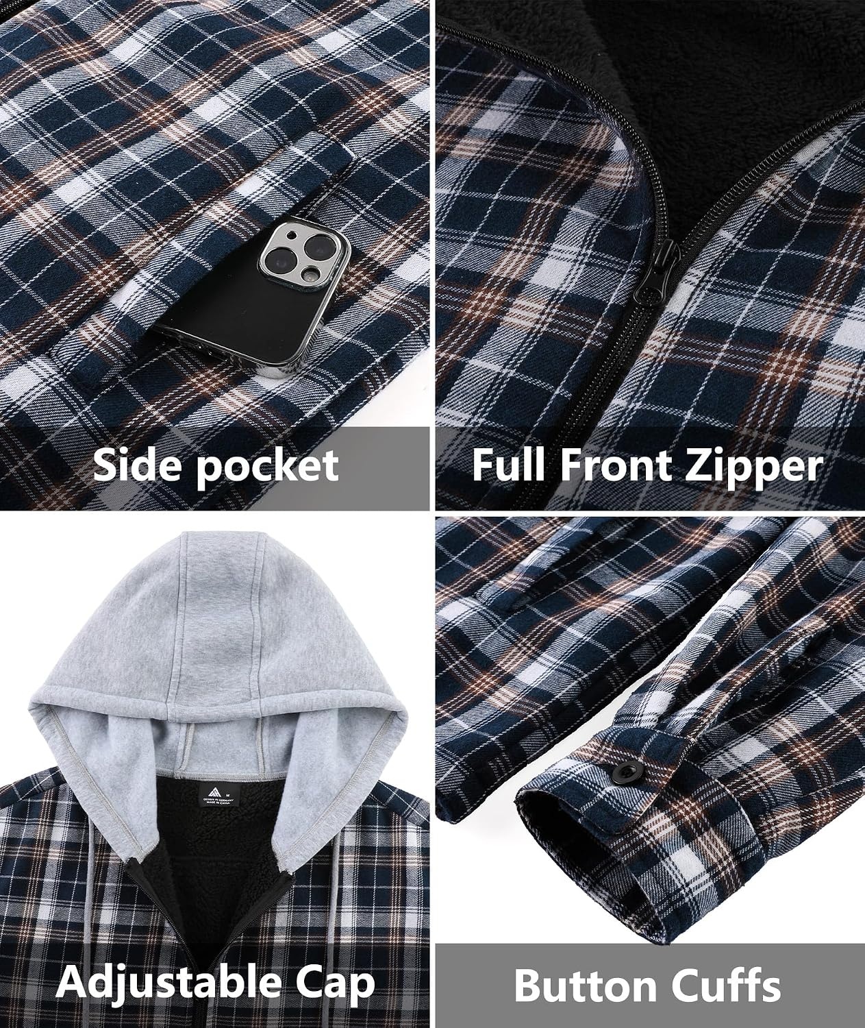 image:imageZITY Mens Flannel Jacket Zip Up Fleece Plaid Shirt Hoodie Winter Warm Coat Thick Sherpa Lined Long Sleeve Outwear Heavyweight Sweatshirt with Pocket Work School VacationsNavy White