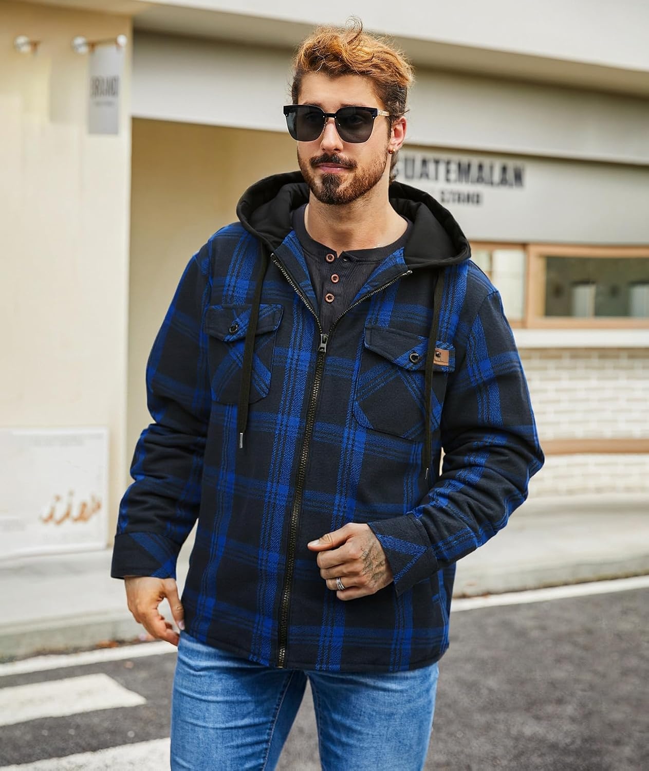 image:imageZITY Mens Flannel Jacket Zip Up Fleece Plaid Shirt Hoodie Winter Warm Coat Thick Sherpa Lined Long Sleeve Outwear Heavyweight Sweatshirt with Pocket Work School VacationsBlue Navy