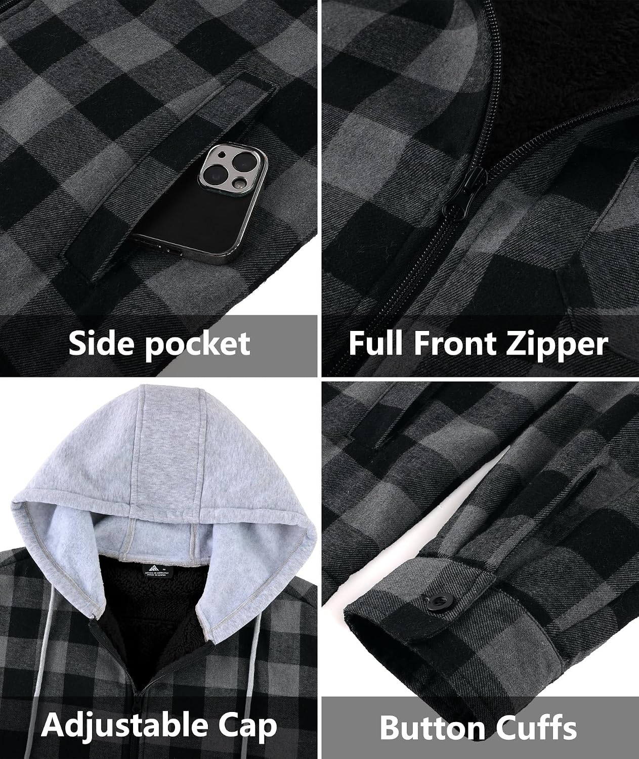 image:imageZITY Mens Flannel Jacket Zip Up Fleece Plaid Shirt Hoodie Winter Warm Coat Thick Sherpa Lined Long Sleeve Outwear Heavyweight Sweatshirt with Pocket Work School VacationsDark Grey