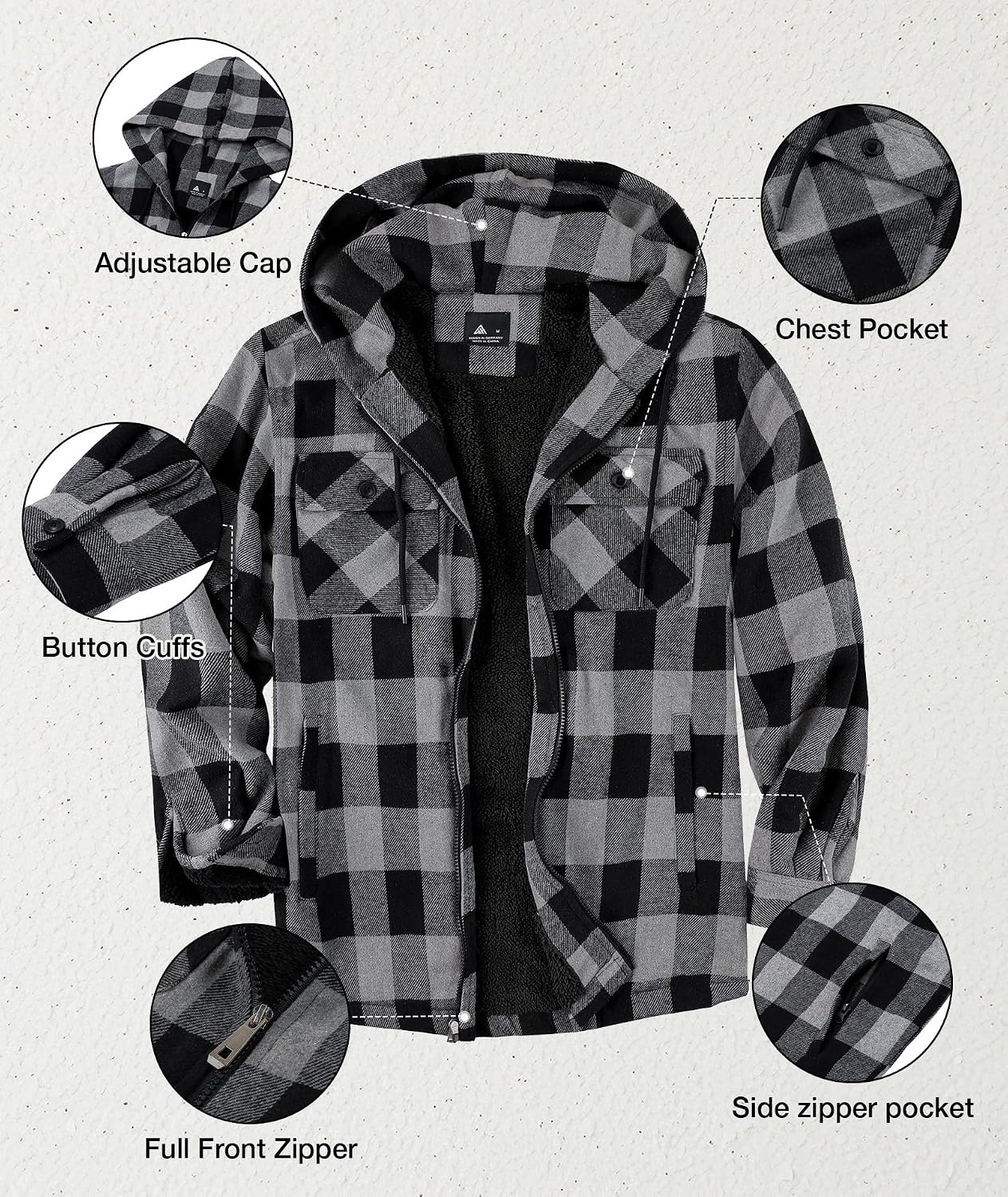 image:imageZITY Mens Flannel Jacket Zip Up Fleece Plaid Shirt Hoodie Winter Warm Coat Thick Sherpa Lined Long Sleeve Outwear Heavyweight Sweatshirt with Pocket Work School VacationsGrey
