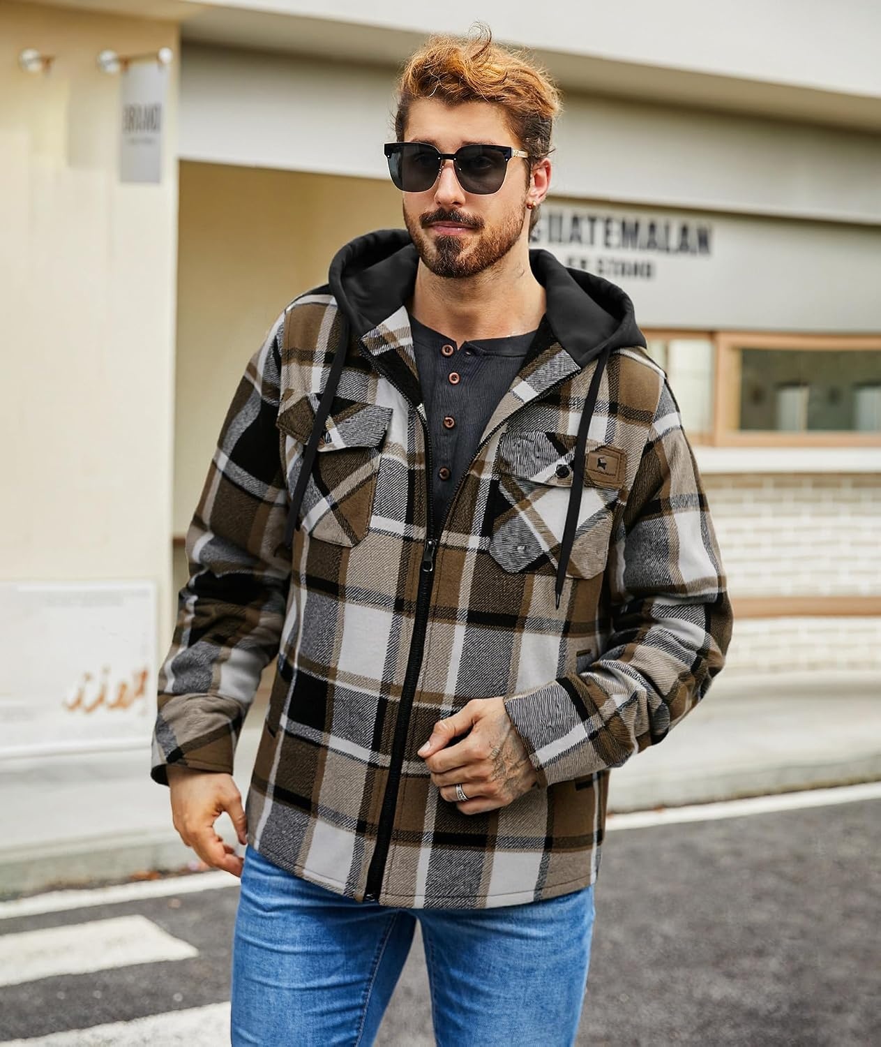 image:imageZITY Mens Flannel Jacket Zip Up Fleece Plaid Shirt Hoodie Winter Warm Coat Thick Sherpa Lined Long Sleeve Outwear Heavyweight Sweatshirt with Pocket Work School VacationsKhaki Brown