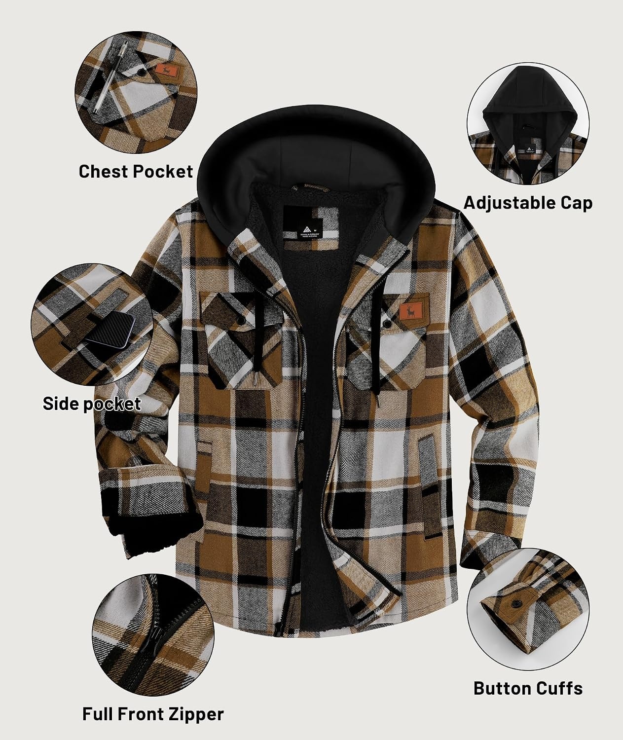 image:imageZITY Mens Flannel Jacket Zip Up Fleece Plaid Shirt Hoodie Winter Warm Coat Thick Sherpa Lined Long Sleeve Outwear Heavyweight Sweatshirt with Pocket Work School VacationsKhaki Brown