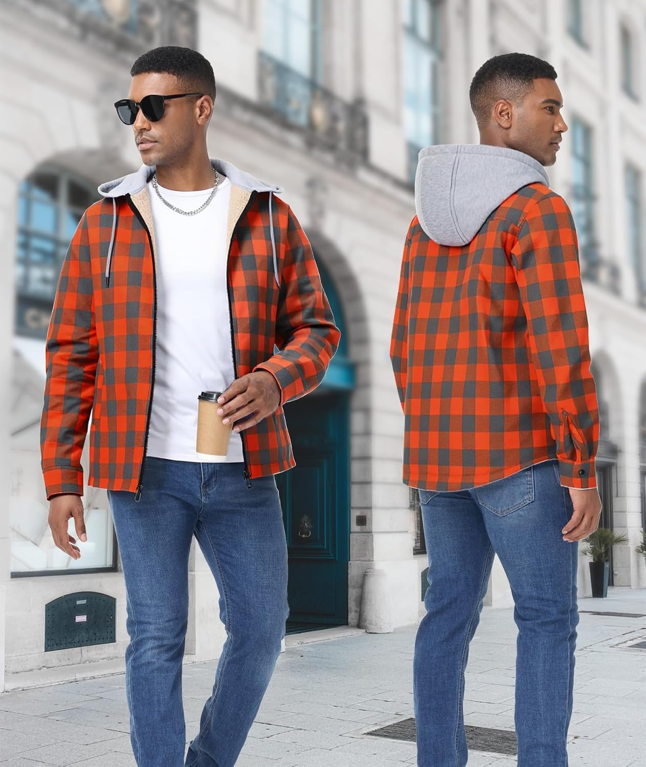 image:imageZITY Mens Flannel Jacket Zip Up Fleece Plaid Shirt Hoodie Winter Warm Coat Thick Sherpa Lined Long Sleeve Outwear Heavyweight Sweatshirt with Pocket Work School VacationsOrange