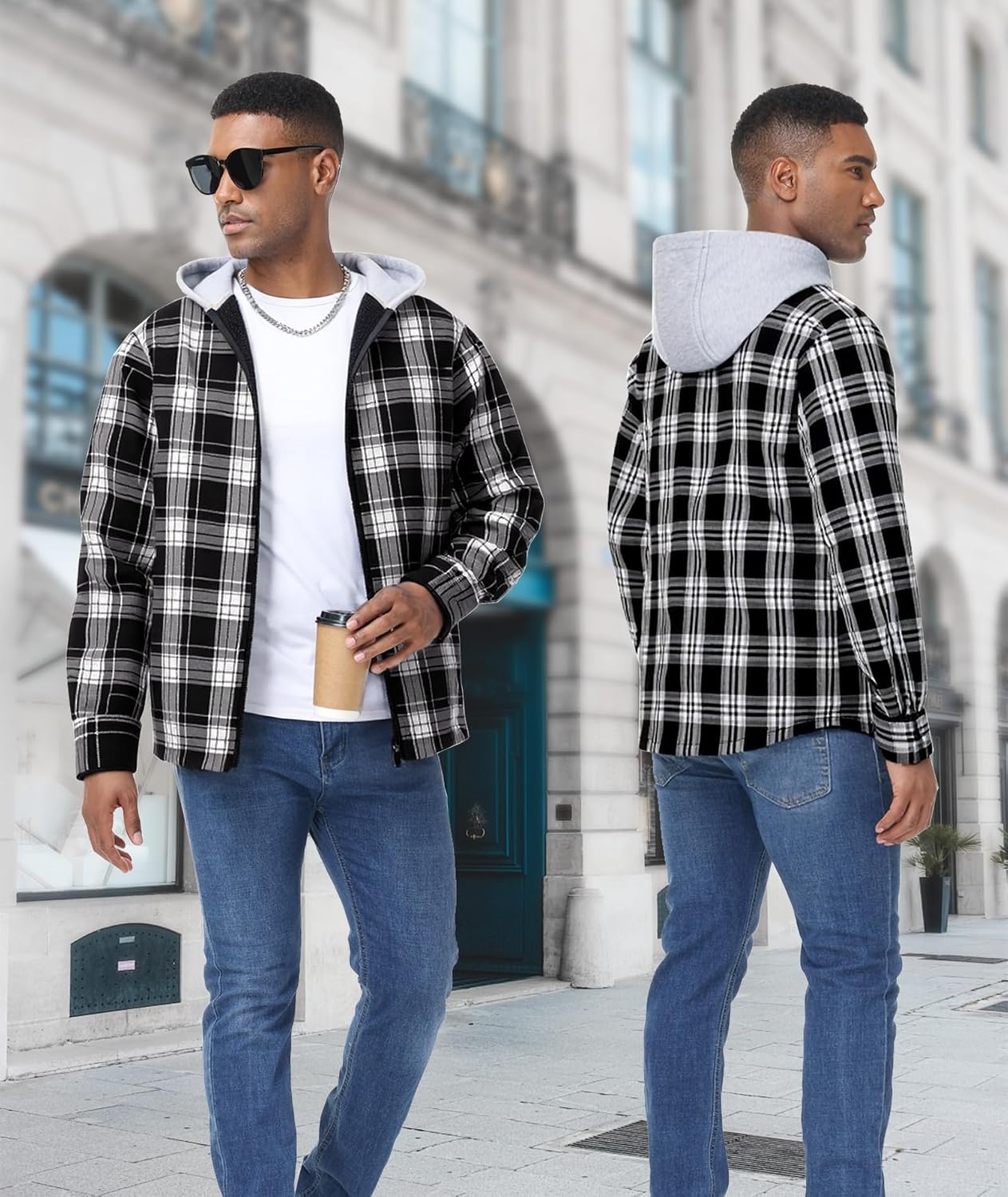 image:imageZITY Mens Flannel Jacket Zip Up Fleece Plaid Shirt Hoodie Winter Warm Coat Thick Sherpa Lined Long Sleeve Outwear Heavyweight Sweatshirt with Pocket Work School VacationsBlack White