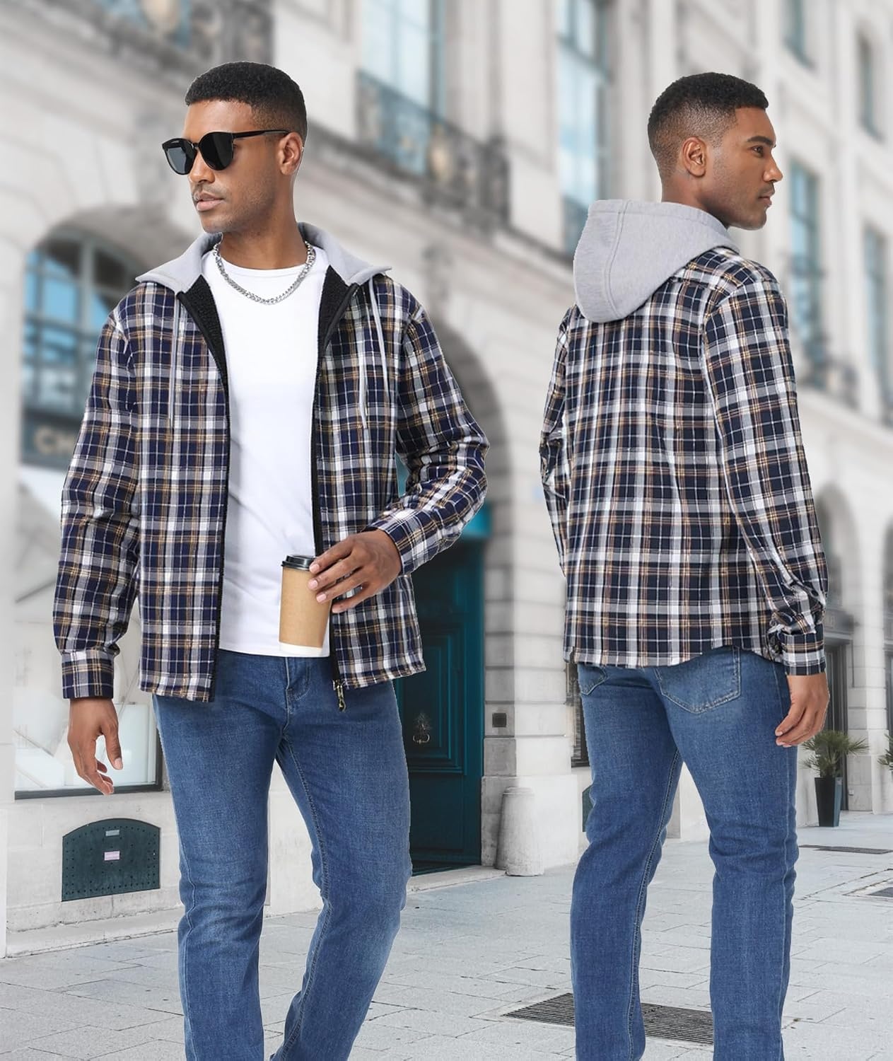 image:imageZITY Mens Flannel Jacket Zip Up Fleece Plaid Shirt Hoodie Winter Warm Coat Thick Sherpa Lined Long Sleeve Outwear Heavyweight Sweatshirt with Pocket Work School VacationsNavy White