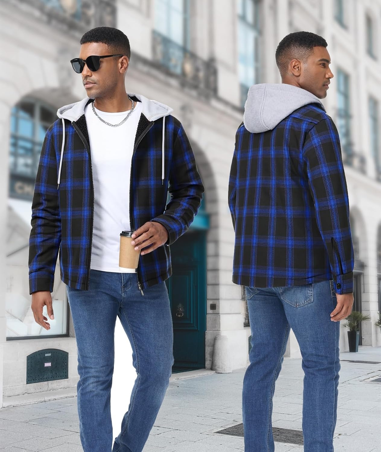 image:imageZITY Mens Flannel Jacket Zip Up Fleece Plaid Shirt Hoodie Winter Warm Coat Thick Sherpa Lined Long Sleeve Outwear Heavyweight Sweatshirt with Pocket Work School VacationsBlue Black