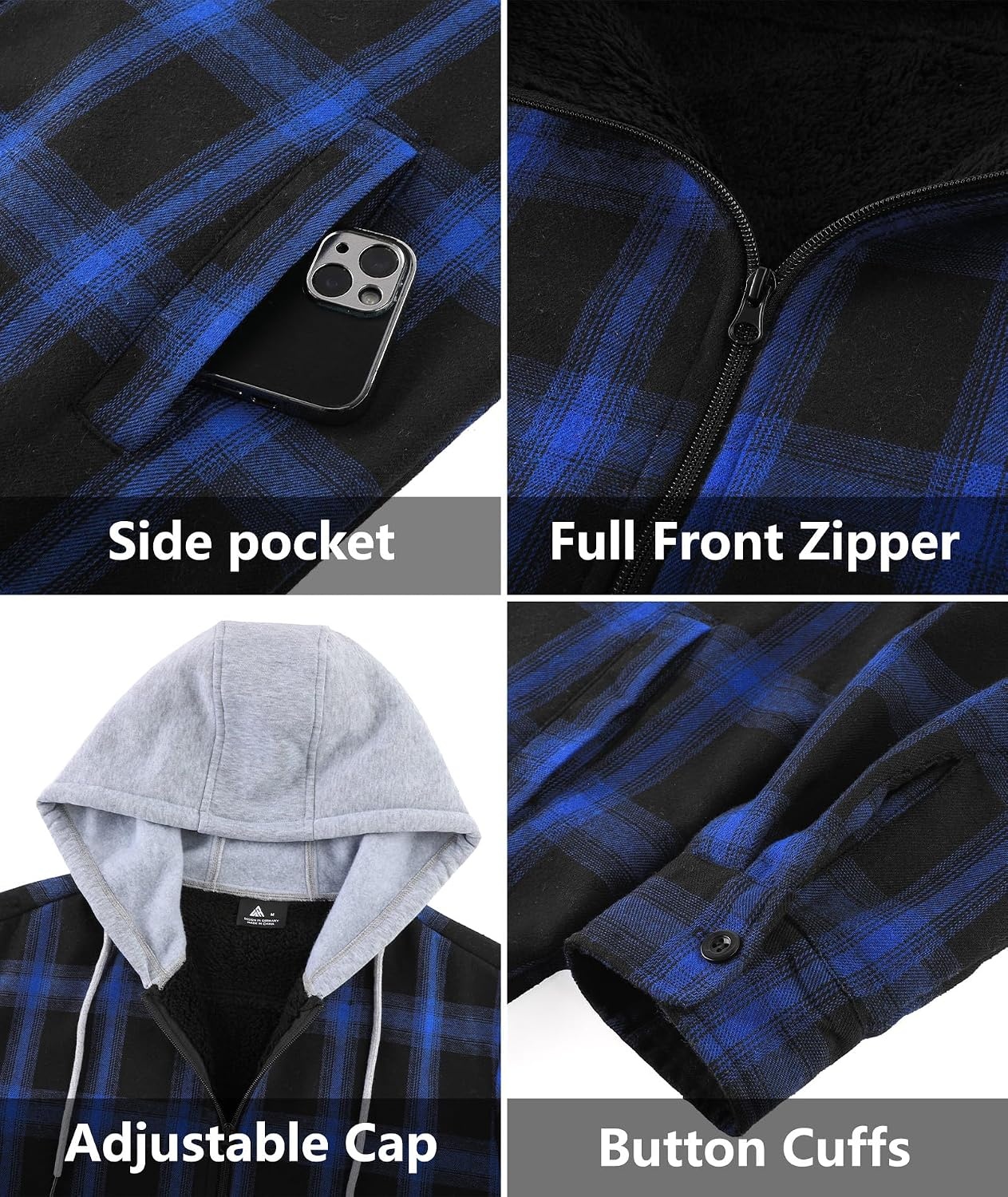 image:imageZITY Mens Flannel Jacket Zip Up Fleece Plaid Shirt Hoodie Winter Warm Coat Thick Sherpa Lined Long Sleeve Outwear Heavyweight Sweatshirt with Pocket Work School VacationsBlue Black