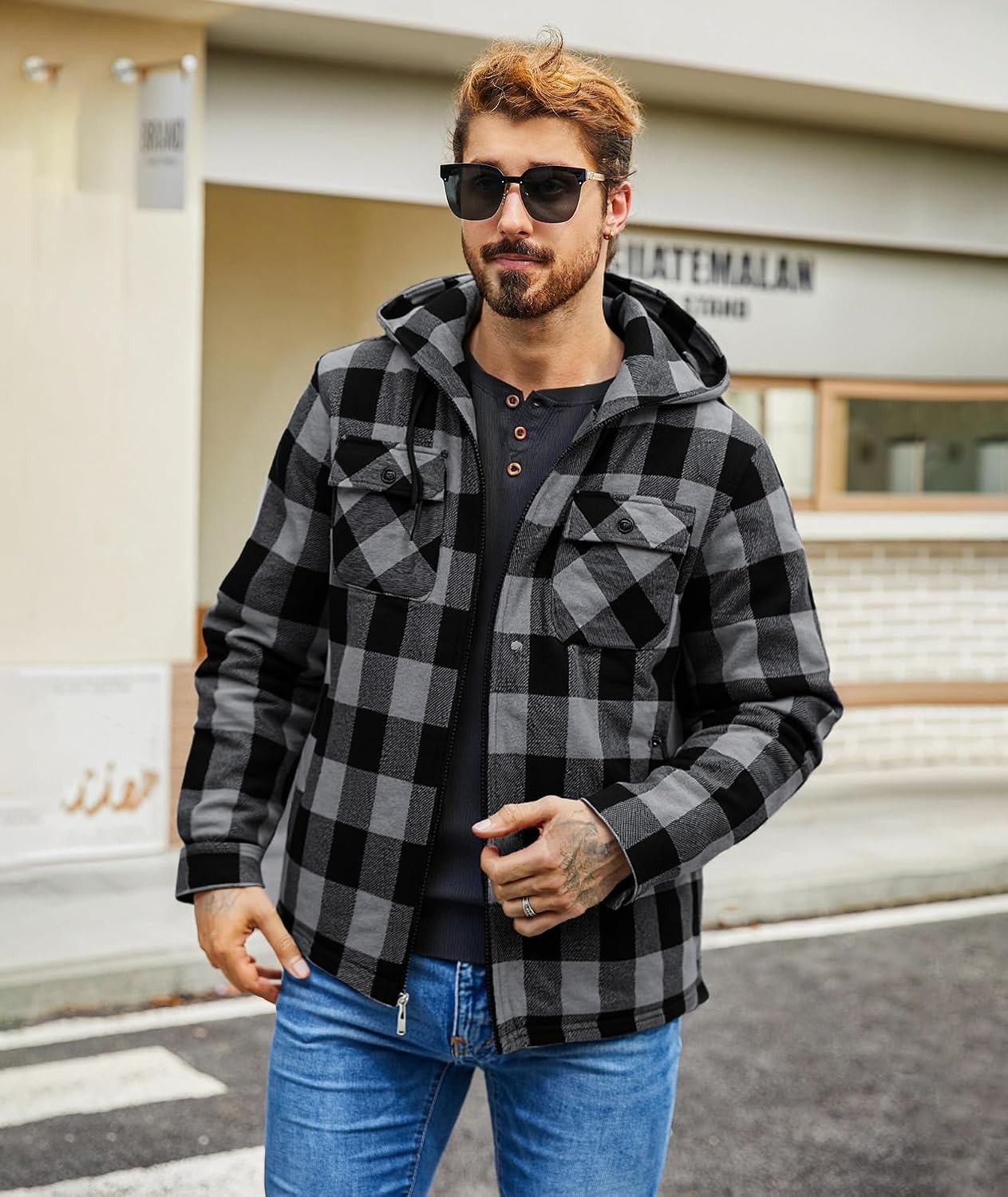 image:imageZITY Mens Flannel Jacket Zip Up Fleece Plaid Shirt Hoodie Winter Warm Coat Thick Sherpa Lined Long Sleeve Outwear Heavyweight Sweatshirt with Pocket Work School VacationsGrey