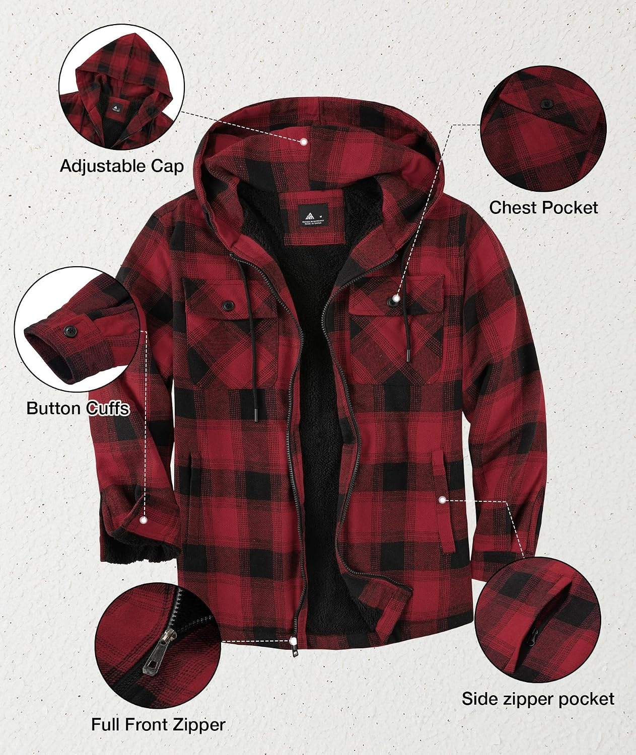 image:imageZITY Mens Flannel Jacket Zip Up Fleece Plaid Shirt Hoodie Winter Warm Coat Thick Sherpa Lined Long Sleeve Outwear Heavyweight Sweatshirt with Pocket Work School VacationsRed Black