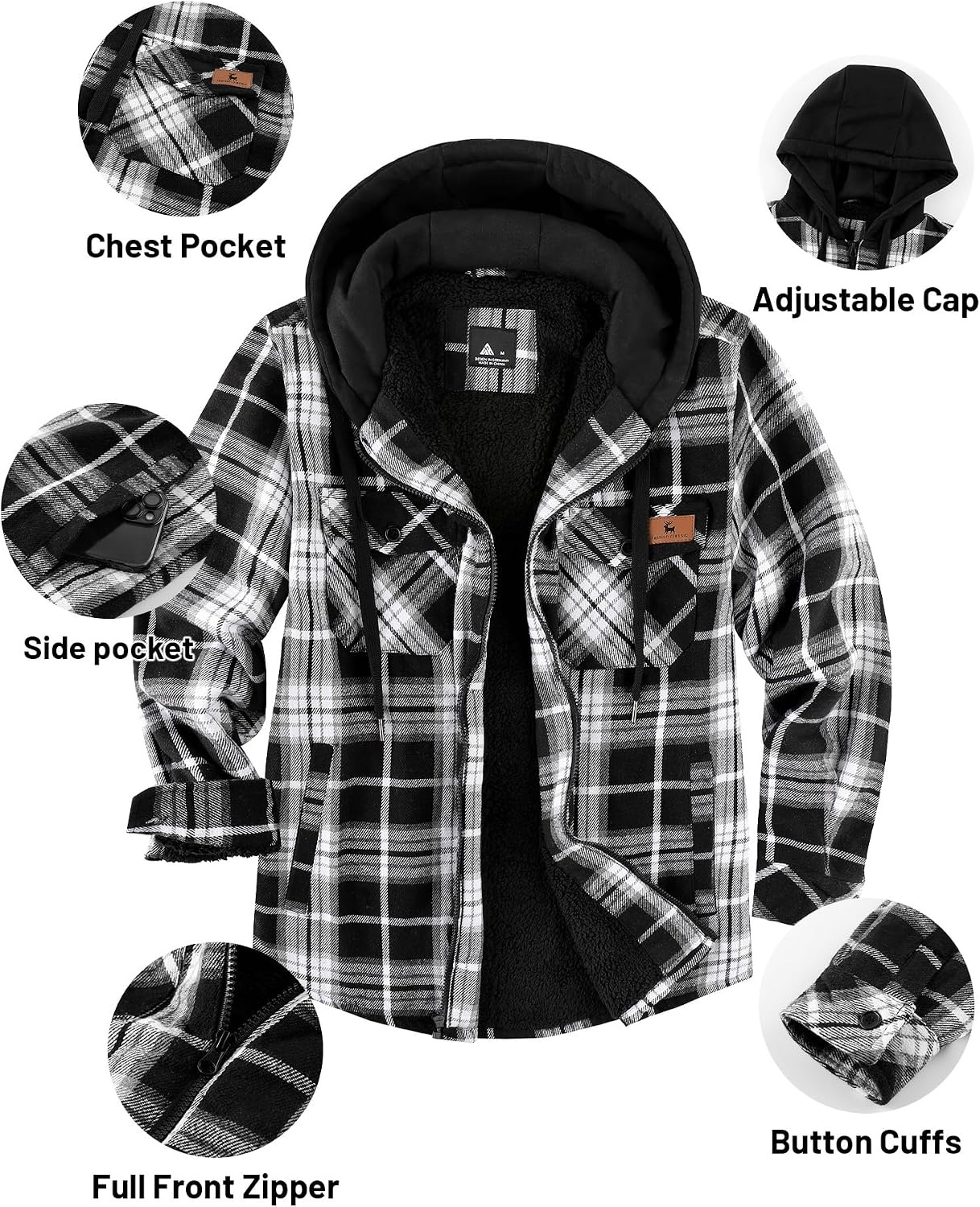 image:imageZITY Mens Flannel Jacket Zip Up Fleece Plaid Shirt Hoodie Winter Warm Coat Thick Sherpa Lined Long Sleeve Outwear Heavyweight Sweatshirt with Pocket Work School VacationsWhite Black