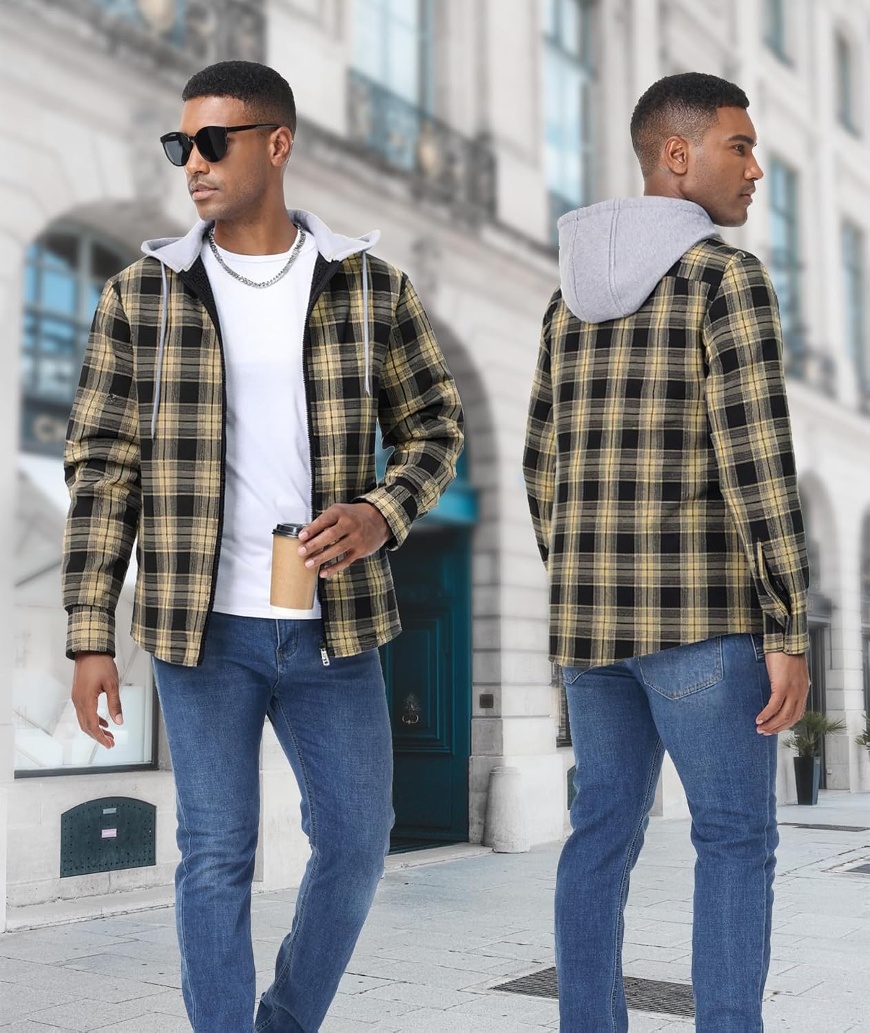 image:imageZITY Mens Flannel Jacket Zip Up Fleece Plaid Shirt Hoodie Winter Warm Coat Thick Sherpa Lined Long Sleeve Outwear Heavyweight Sweatshirt with Pocket Work School VacationsBlack Beige