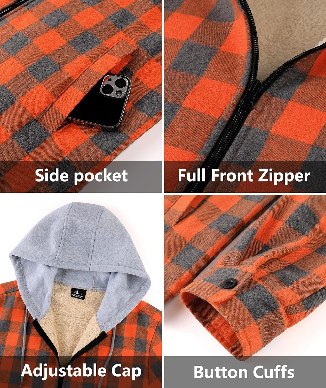 image:imageZITY Mens Flannel Jacket Zip Up Fleece Plaid Shirt Hoodie Winter Warm Coat Thick Sherpa Lined Long Sleeve Outwear Heavyweight Sweatshirt with Pocket Work School VacationsOrange