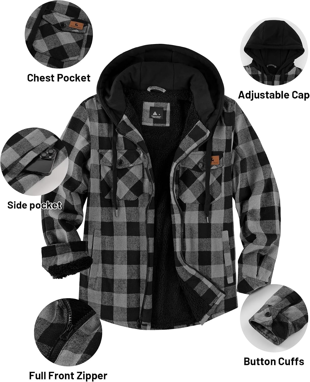 image:imageZITY Mens Flannel Jacket Zip Up Fleece Plaid Shirt Hoodie Winter Warm Coat Thick Sherpa Lined Long Sleeve Outwear Heavyweight Sweatshirt with Pocket Work School VacationsGrey Black