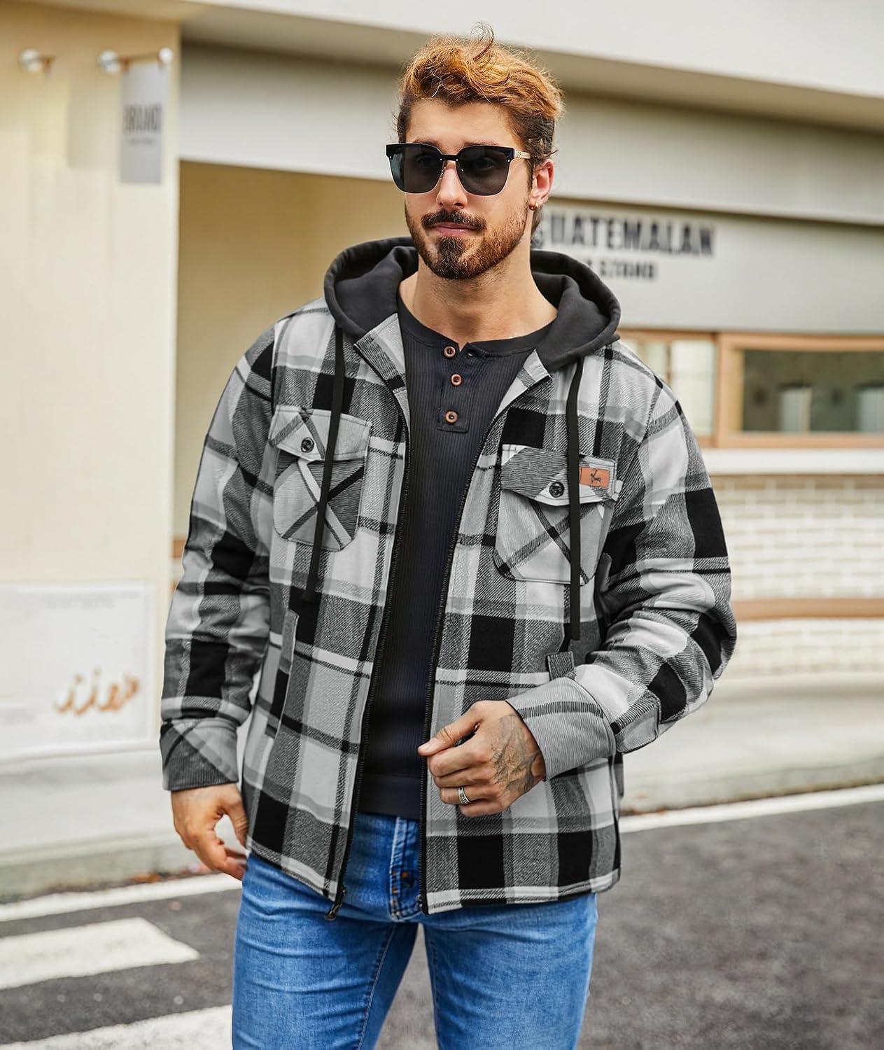 image:imageZITY Mens Flannel Jacket Zip Up Fleece Plaid Shirt Hoodie Winter Warm Coat Thick Sherpa Lined Long Sleeve Outwear Heavyweight Sweatshirt with Pocket Work School VacationsBlack Grey