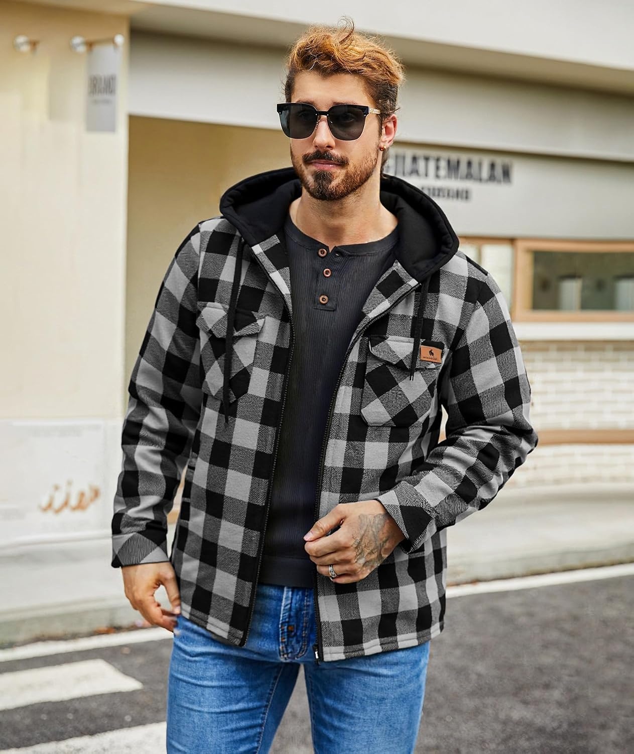 image:imageZITY Mens Flannel Jacket Zip Up Fleece Plaid Shirt Hoodie Winter Warm Coat Thick Sherpa Lined Long Sleeve Outwear Heavyweight Sweatshirt with Pocket Work School VacationsGrey Black