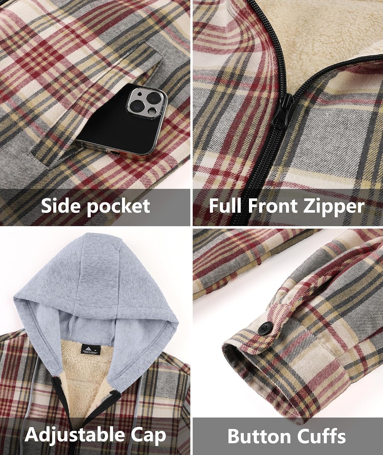 image:imageZITY Mens Flannel Jacket Zip Up Fleece Plaid Shirt Hoodie Winter Warm Coat Thick Sherpa Lined Long Sleeve Outwear Heavyweight Sweatshirt with Pocket Work School VacationsWine Red Beige