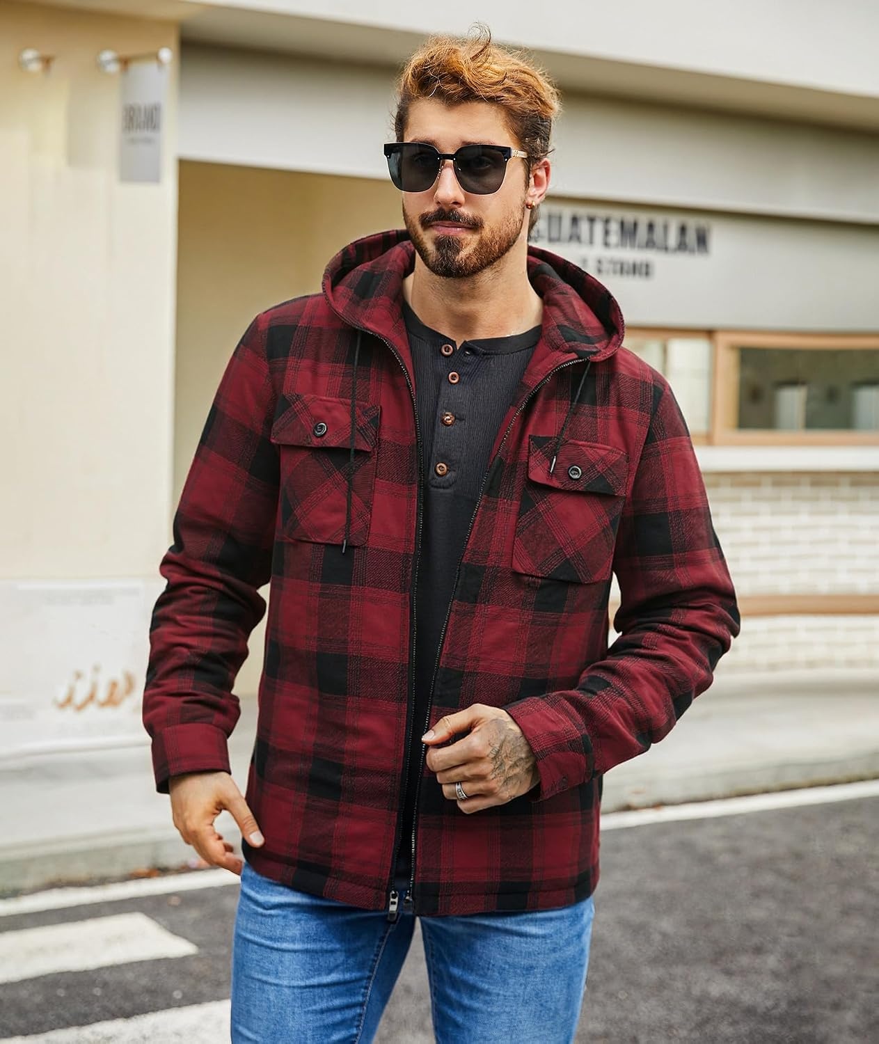 image:imageZITY Mens Flannel Jacket Zip Up Fleece Plaid Shirt Hoodie Winter Warm Coat Thick Sherpa Lined Long Sleeve Outwear Heavyweight Sweatshirt with Pocket Work School VacationsRed Black
