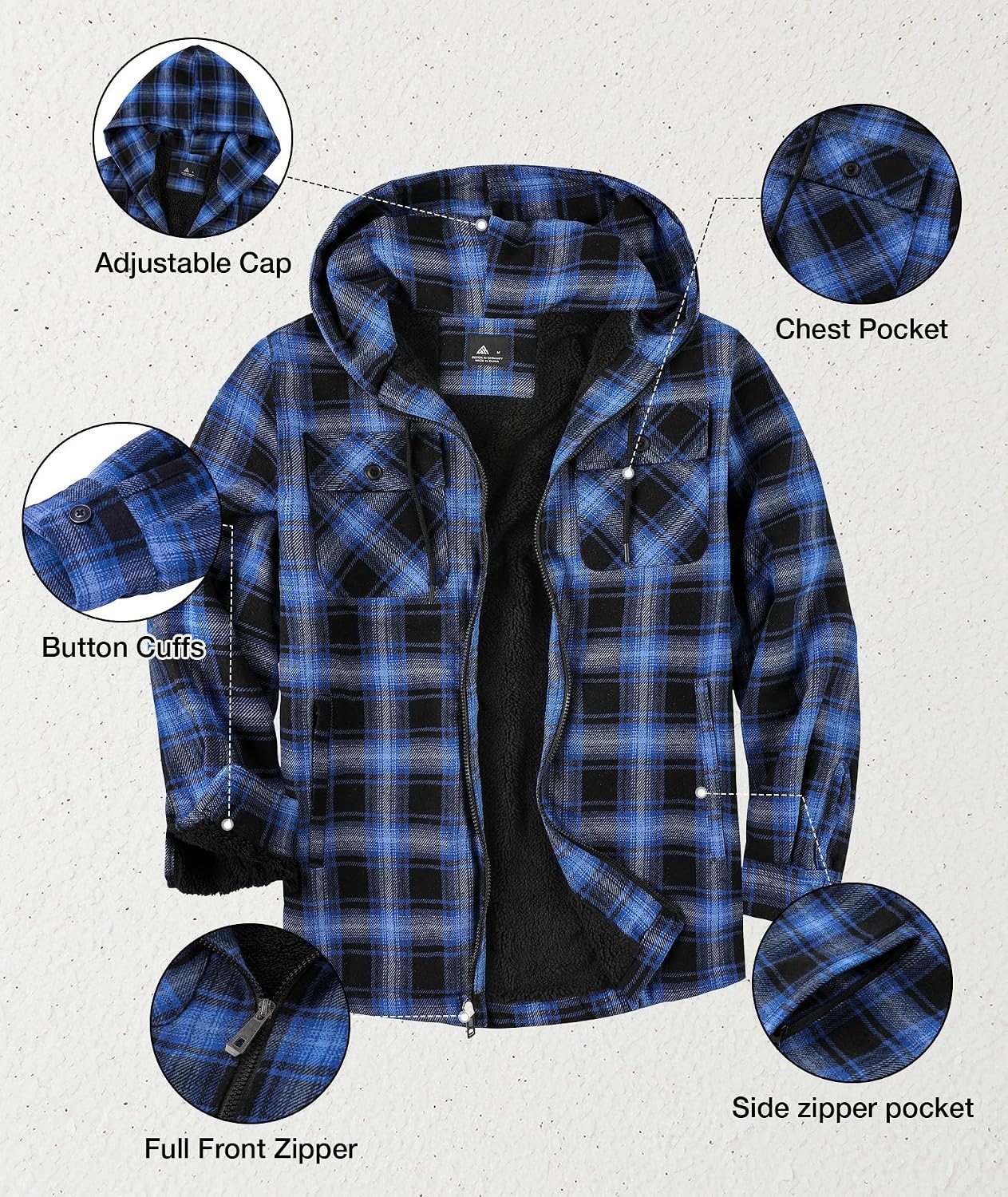 image:imageZITY Mens Flannel Jacket Zip Up Fleece Plaid Shirt Hoodie Winter Warm Coat Thick Sherpa Lined Long Sleeve Outwear Heavyweight Sweatshirt with Pocket Work School VacationsBlack Blue