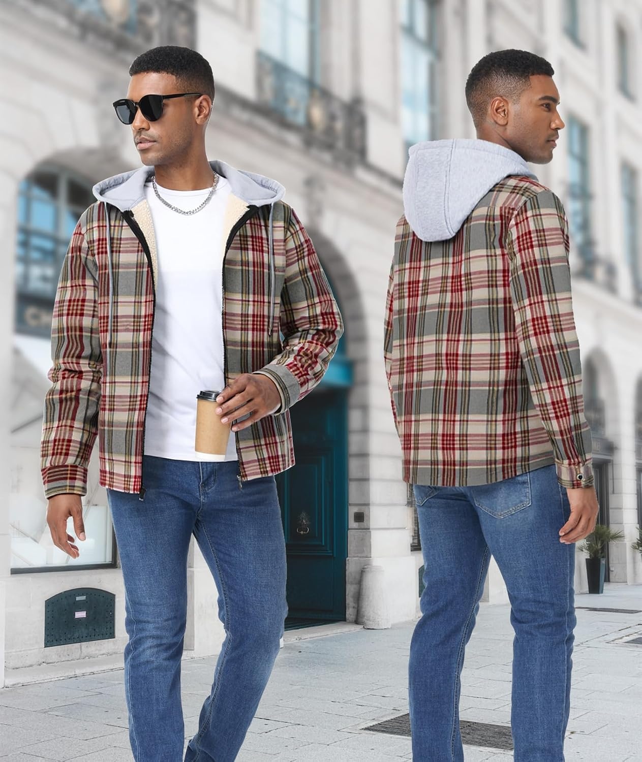 image:imageZITY Mens Flannel Jacket Zip Up Fleece Plaid Shirt Hoodie Winter Warm Coat Thick Sherpa Lined Long Sleeve Outwear Heavyweight Sweatshirt with Pocket Work School VacationsWine Red Beige