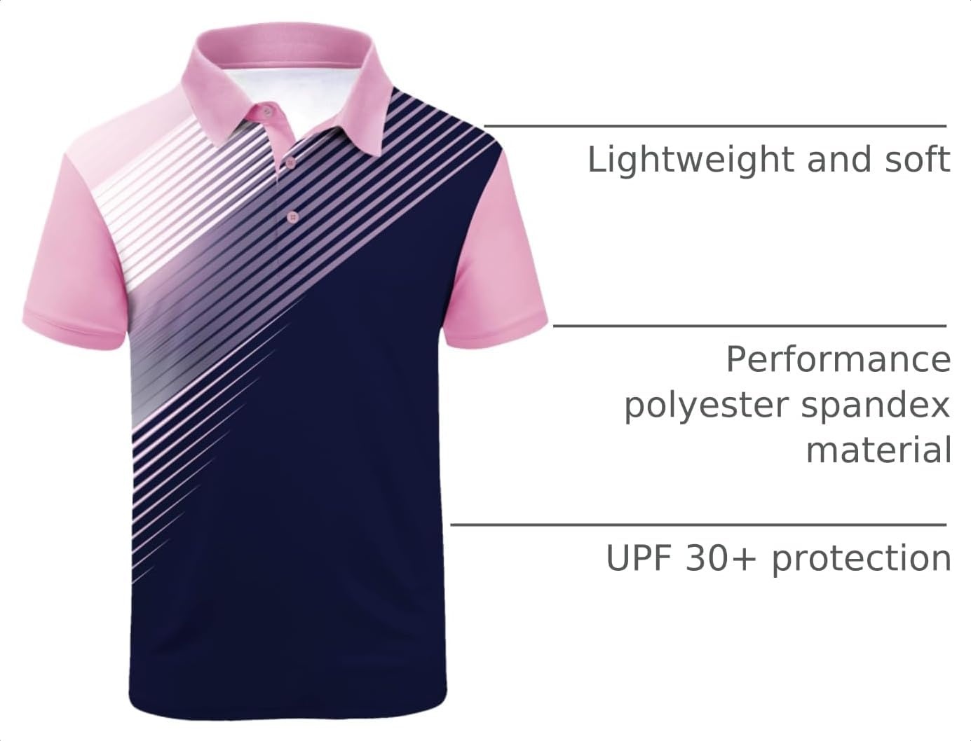 image:imageZITY Mens Golf Shirt Short Sleeve Athletic Casual Work Collared Polo Tshirt UPF 50 QuickDrying Moisture Wicking Breathable Soft Stretchy Print Patterns Striped Outdoor Business Machine WashPink Blue