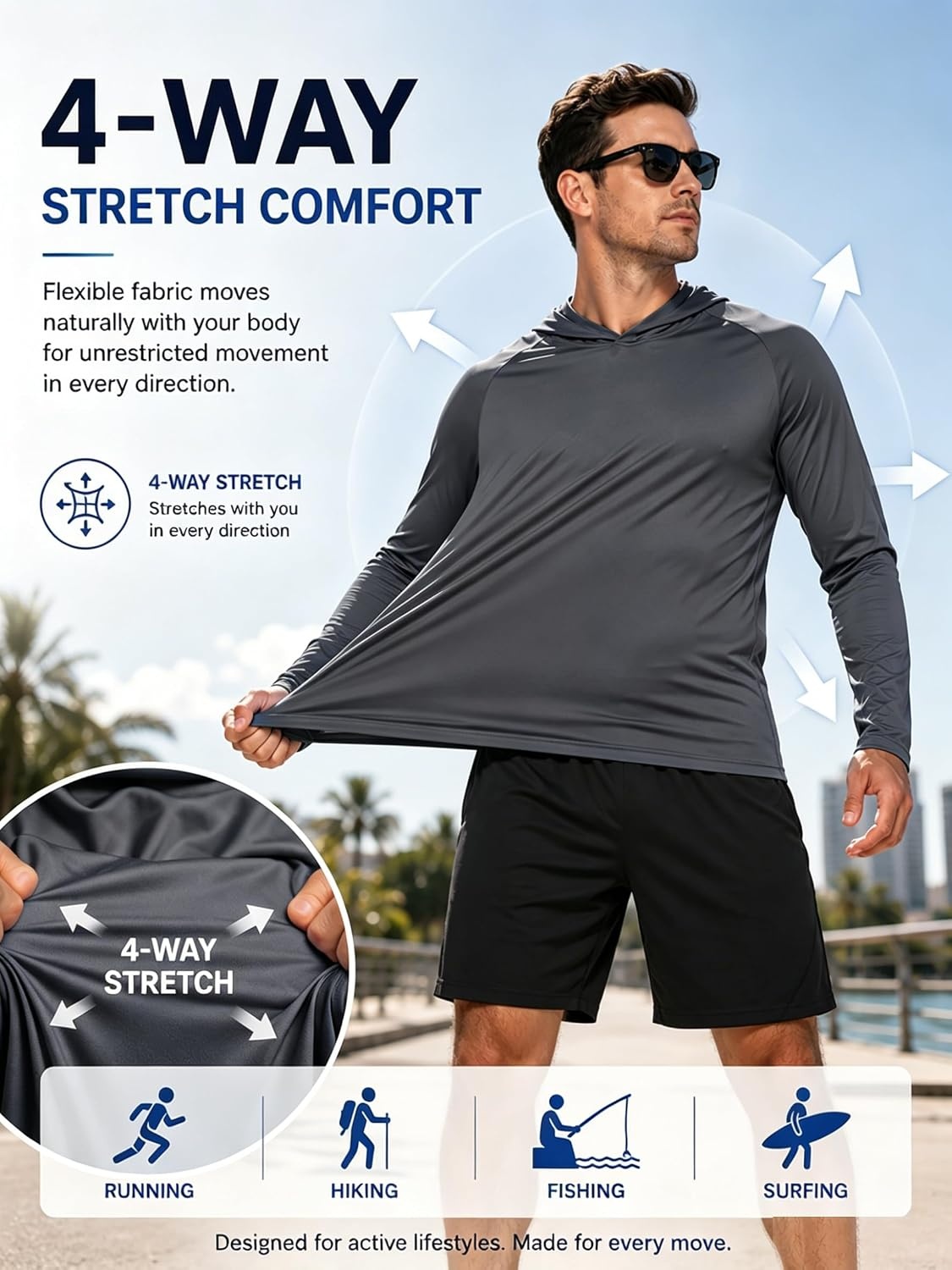 image:imageZITY Mens Sun Protection Hoodie Shirt Fishing Shirts for Men UPF 50 Long Sleeve Shirt Lightweight Rash Guard3 Pack Light Gray Black White